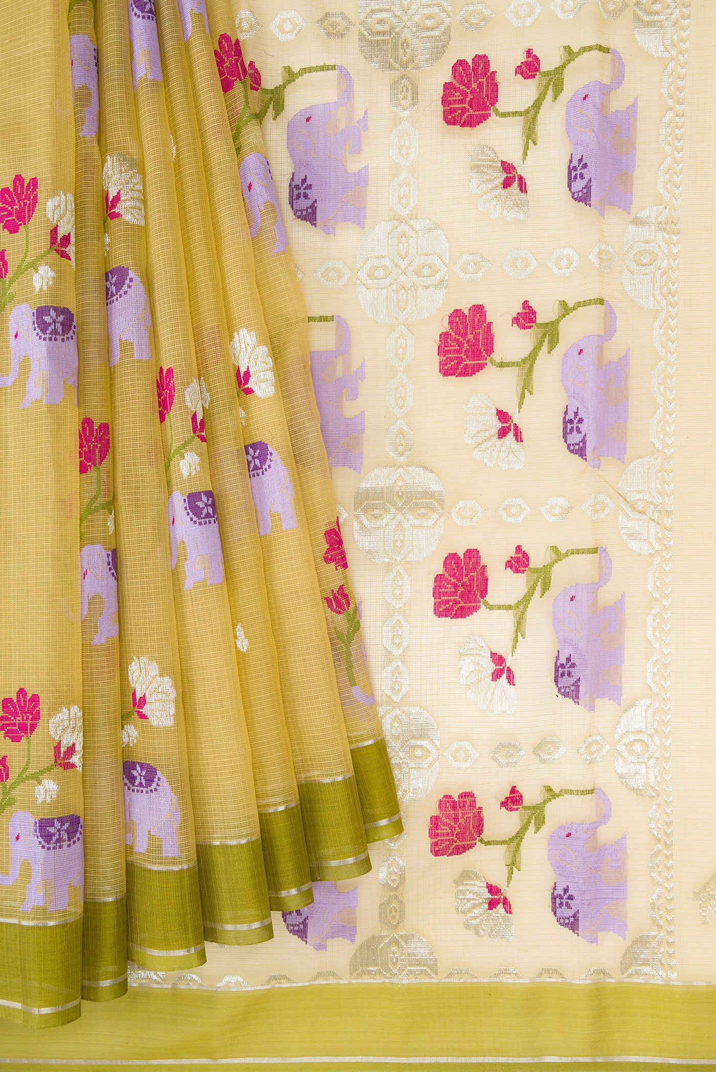Pleats and pallu of Sandal Dual Tone Kota Silk Saree with Zari And Thread Butta on the body and Zari Border. 
