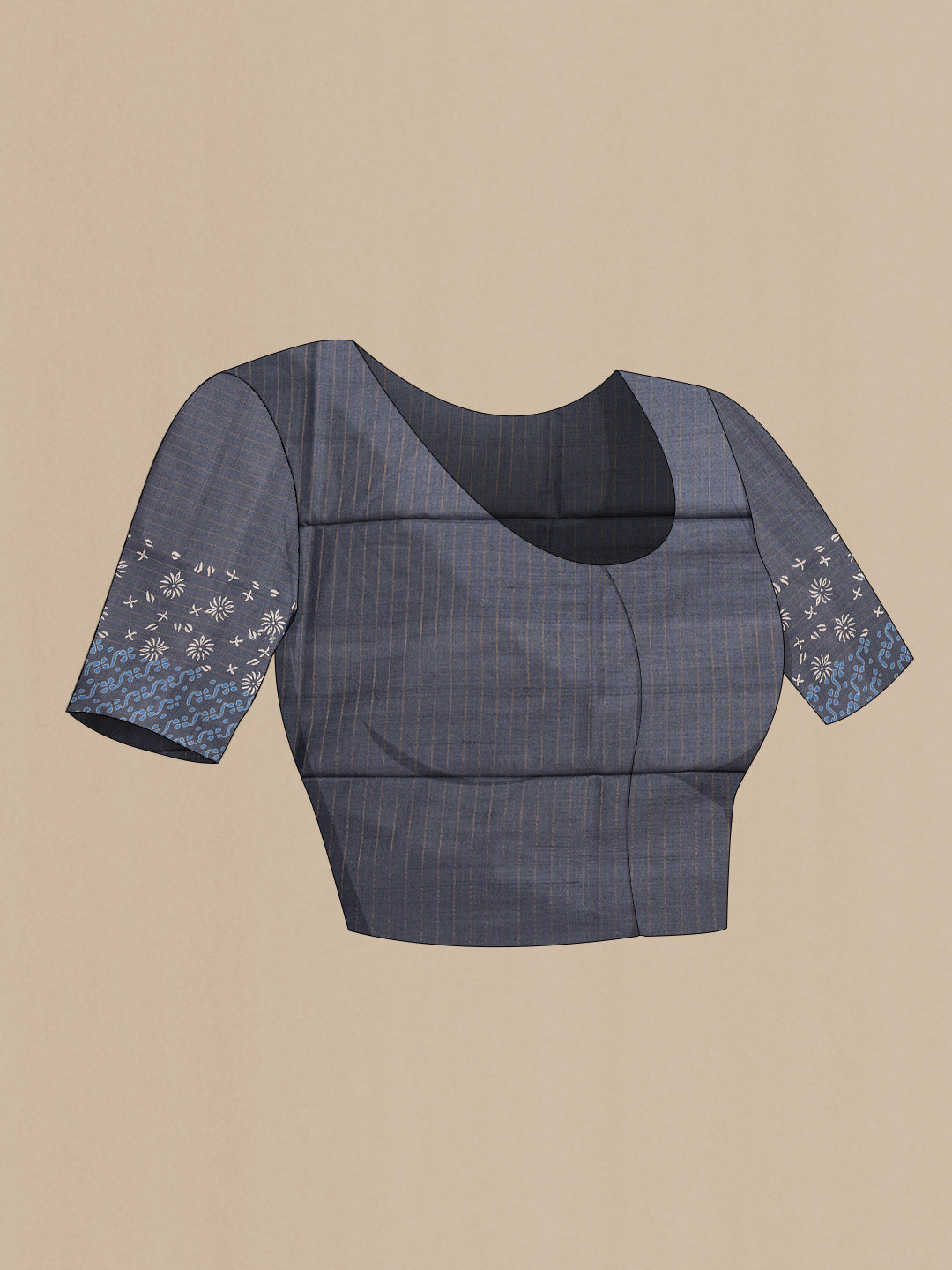 Close up image of the blouse of Grey Dual Tone Tussar Silk Saree with Checked design on the body and Printed Border. 