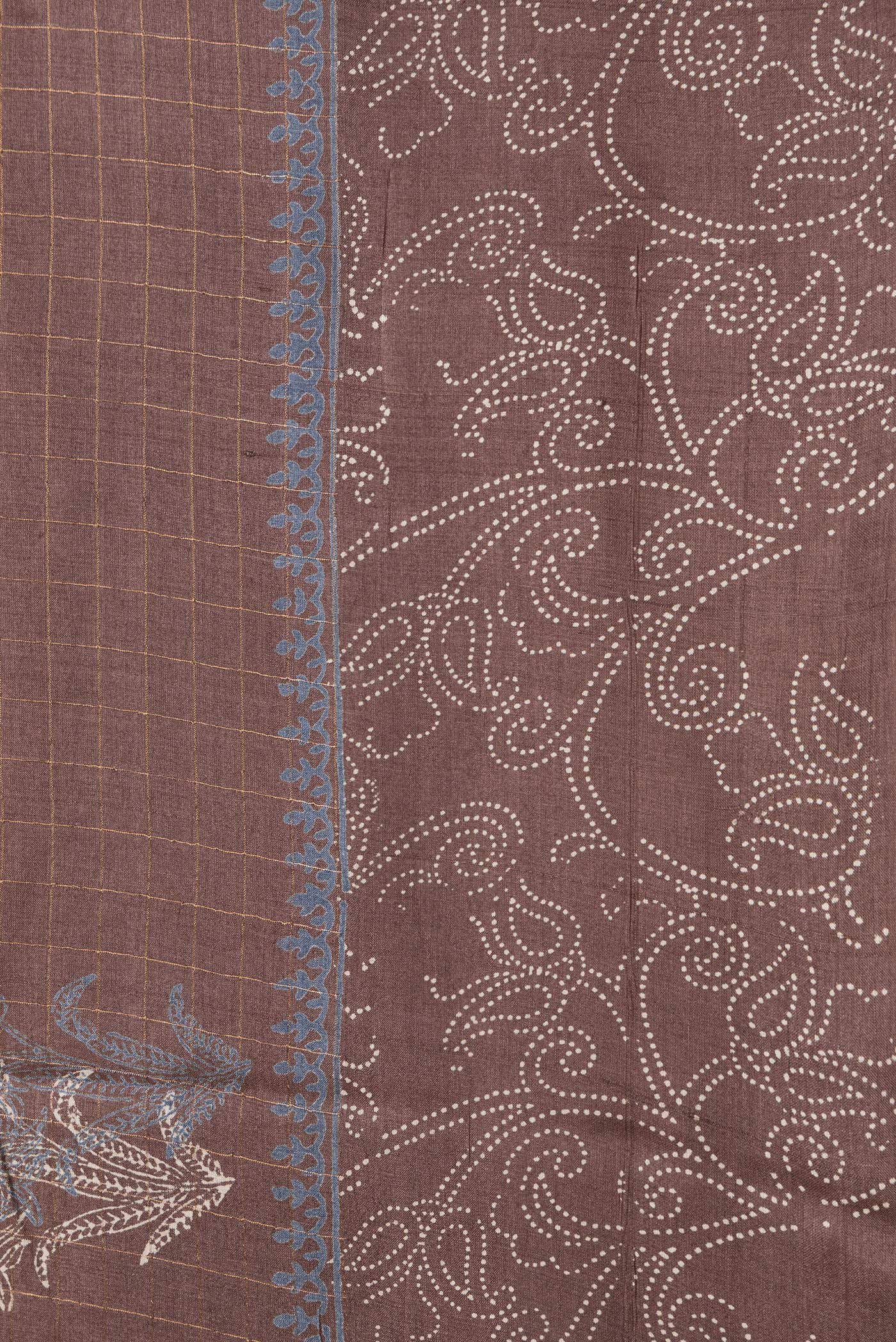 Border image of Brown Dual Tone Tussar Silk Saree with Checked design on the body and Printed Border. 