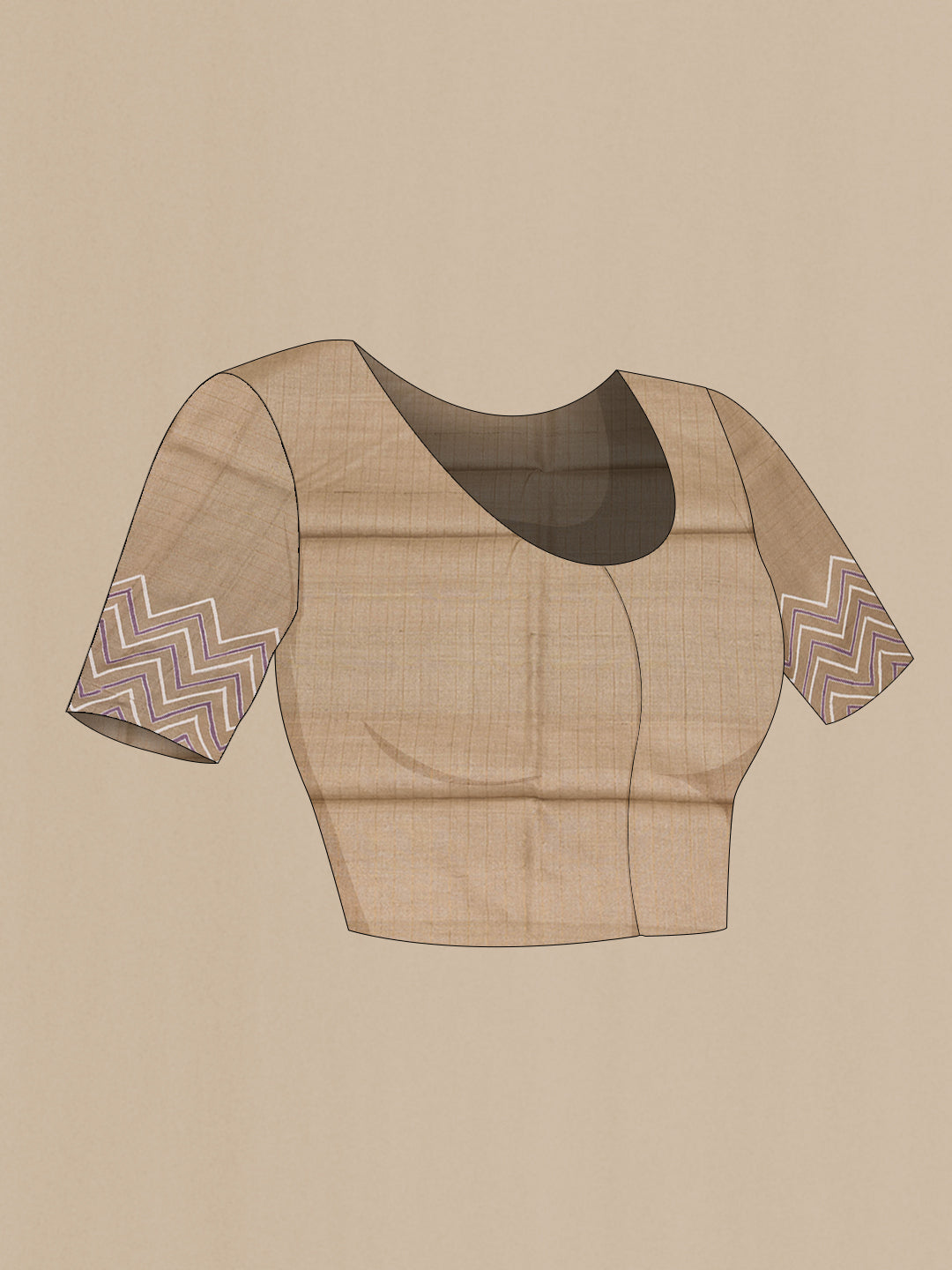 Close up image of the blouse of Dark Beige Tussar Silk Saree with Checked design on the body and Printed Border. 