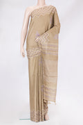 Dark Beige Tussar Silk Saree with Checked design on the body and Printed Border.  displayed on a mannequin