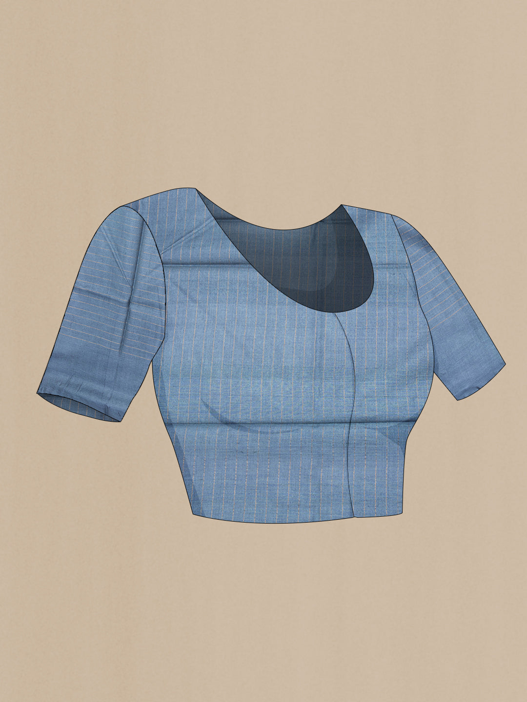 Close up image of the blouse of Blue Grey Tussar Silk Saree with Checked design on the body and Fancy Border. 
