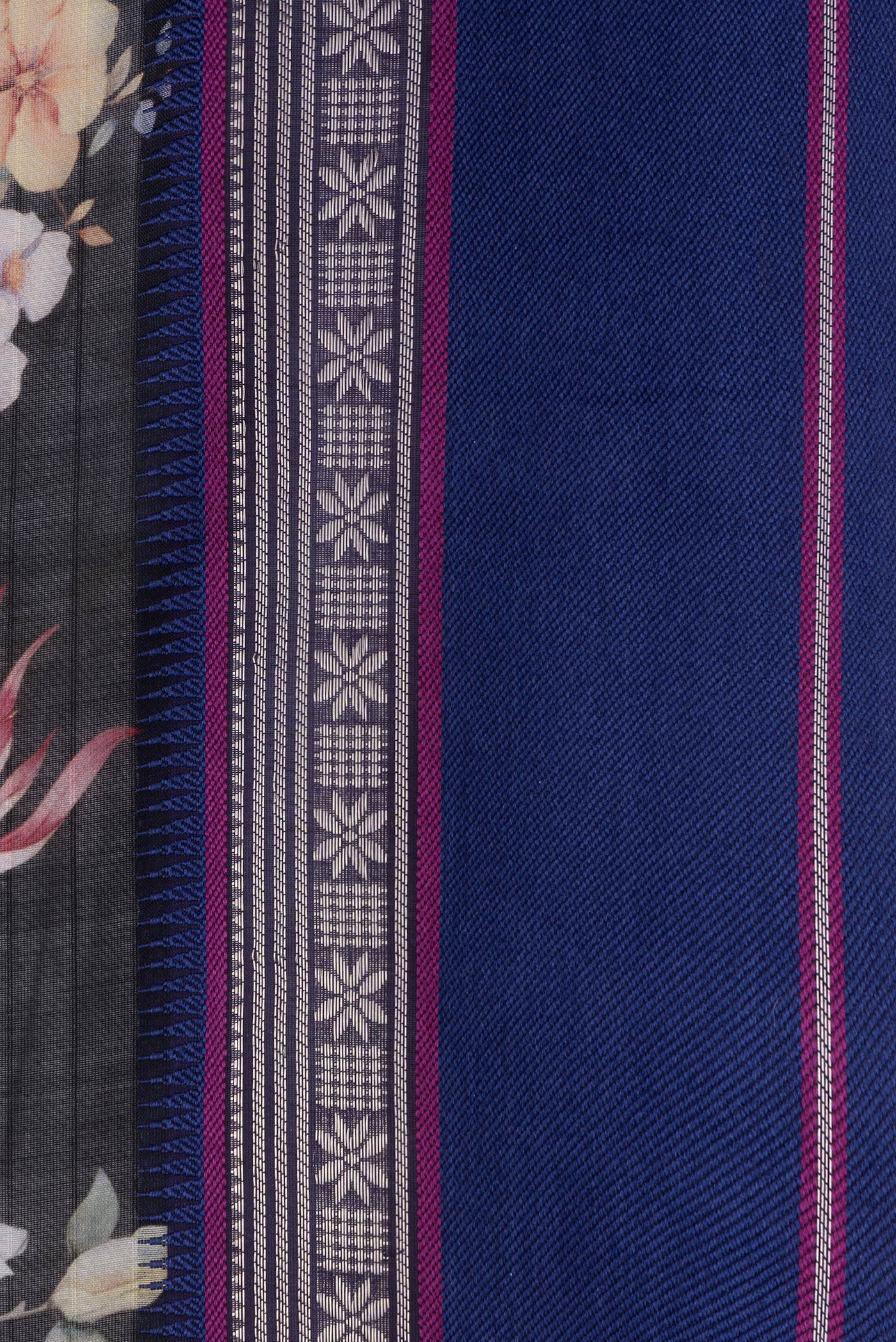 Border image of Black Dual Tone Chanderi Silk Saree with Printed design on the body and Zari And Thread Border. 