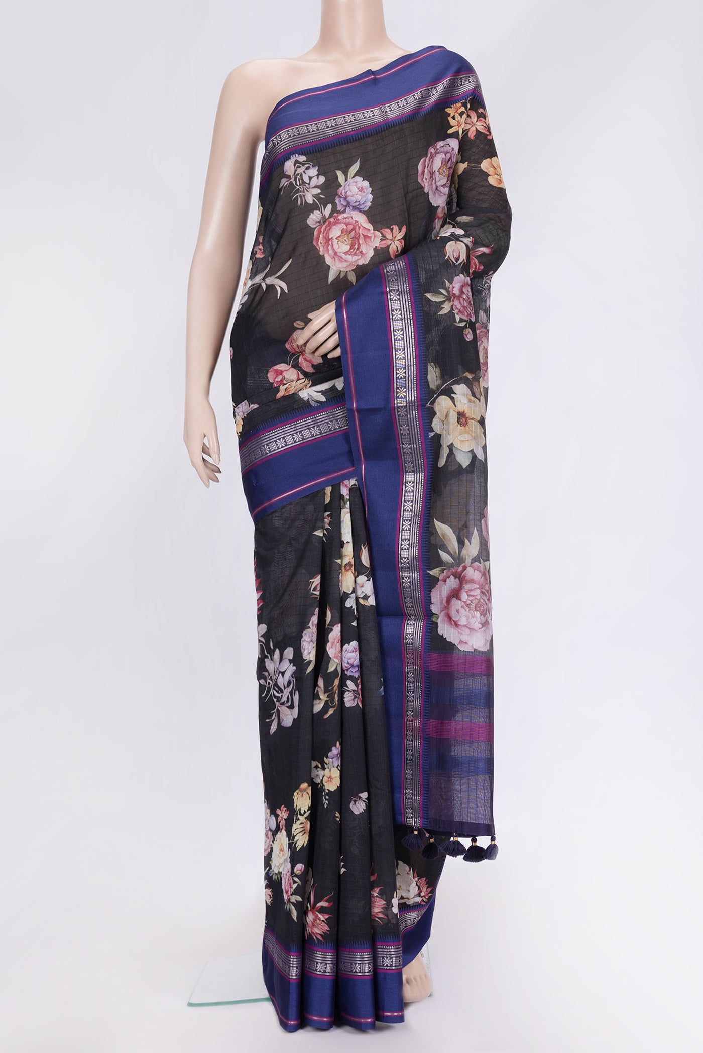 Black Dual Tone Chanderi Silk Saree with Printed design on the body and Zari And Thread Border.  displayed on a mannequin