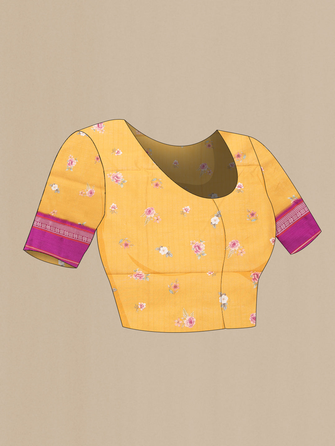 Close up image of the blouse of Mustard Dual Tone Chanderi Silk Saree with Printed design on the body and Zari And Thread Border. 