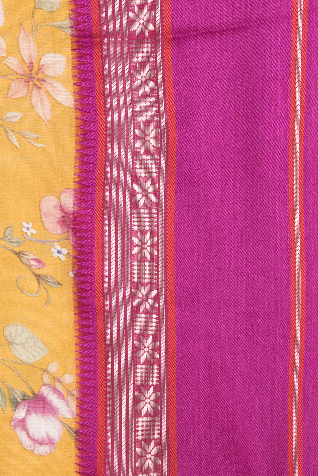 Border image of Mustard Dual Tone Chanderi Silk Saree with Printed design on the body and Zari And Thread Border. 