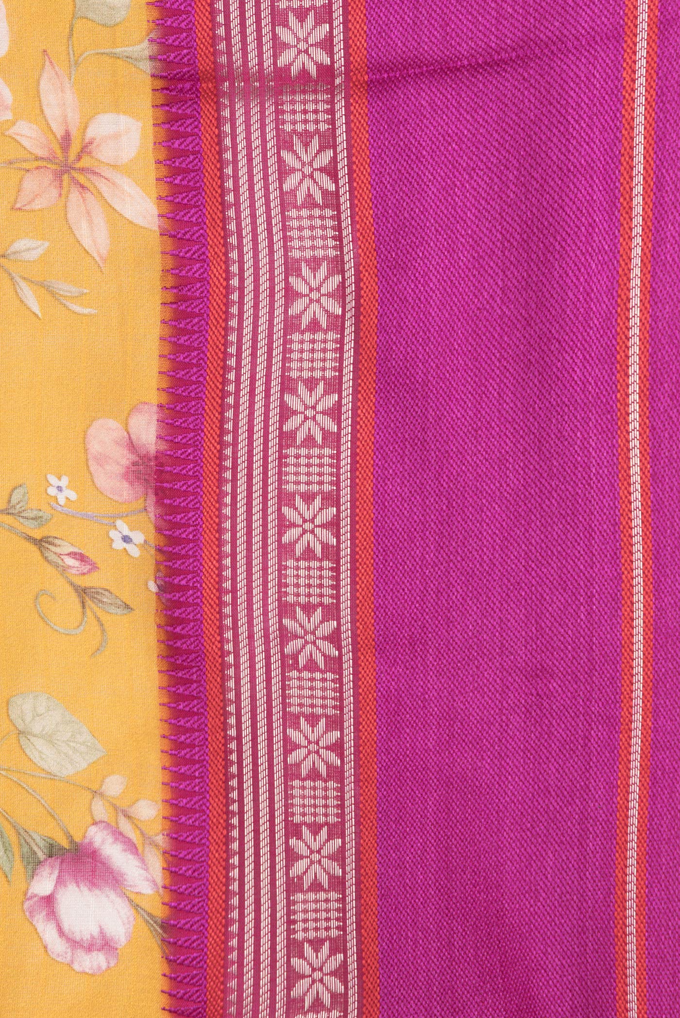 Border image of Mustard Dual Tone Chanderi Silk Saree with Printed design on the body and Zari And Thread Border. 