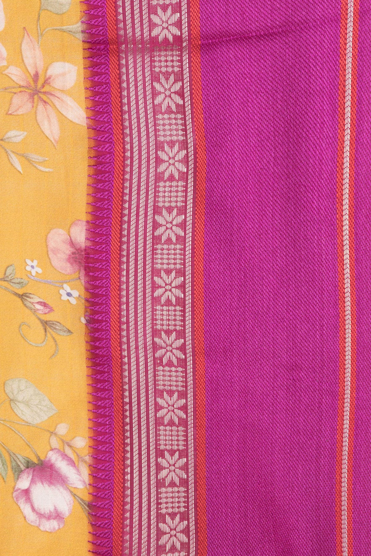 Border image of Mustard Dual Tone Chanderi Silk Saree with Printed design on the body and Zari And Thread Border. 
