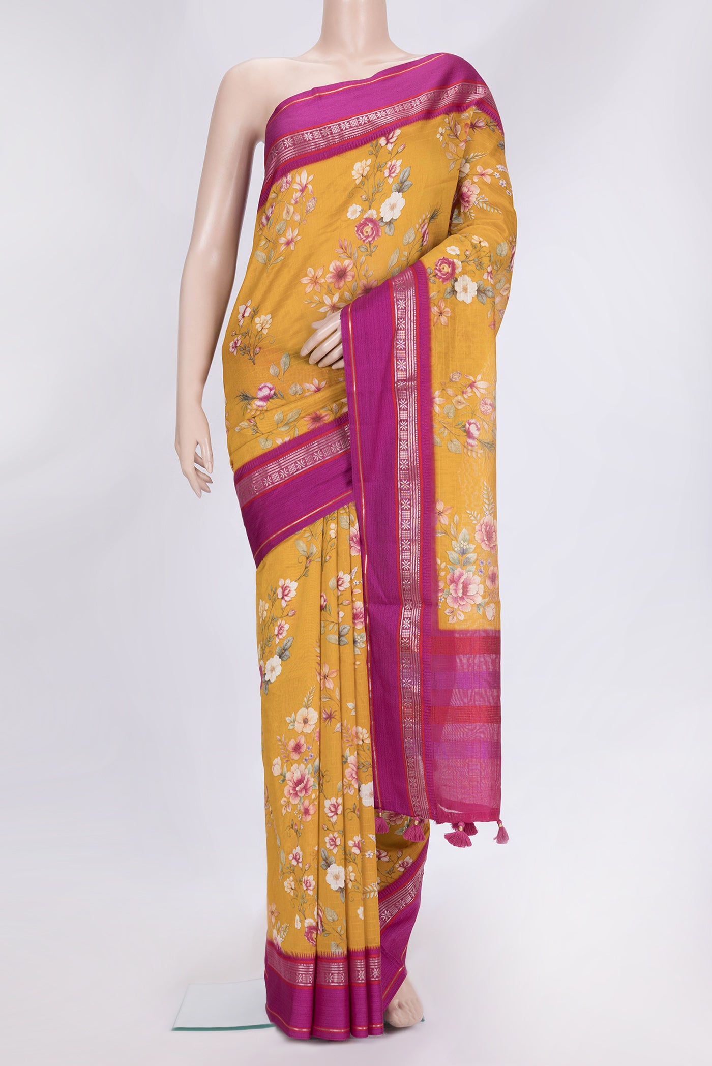 Mustard Dual Tone Chanderi Silk Saree with Printed design on the body and Zari And Thread Border.  displayed on a mannequin