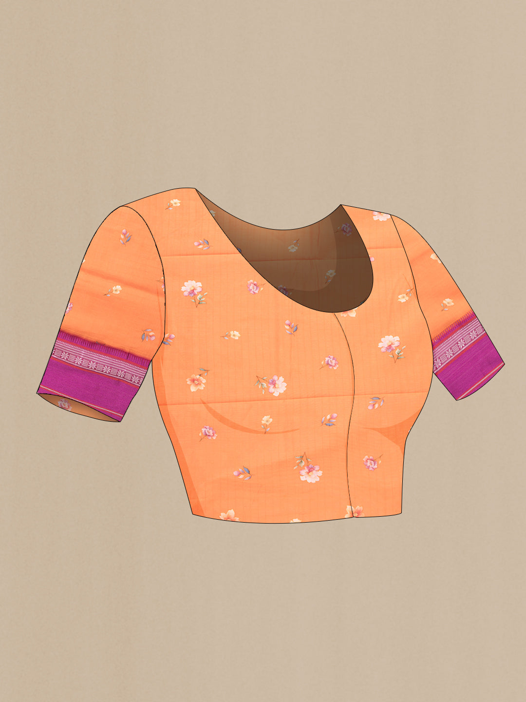 Close up image of the blouse of Orange Dual Tone Chanderi Silk Saree with Printed design on the body and Zari And Thread Border. 