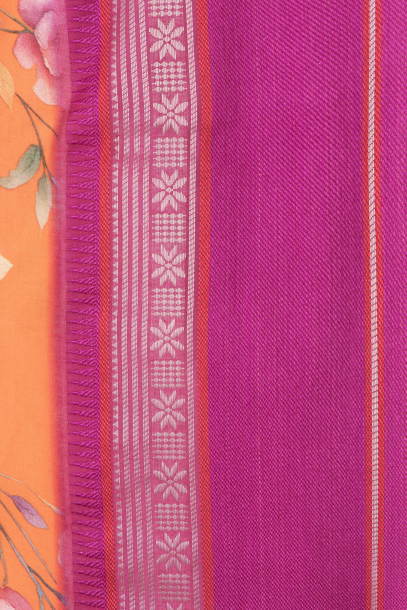 Border image of Orange Dual Tone Chanderi Silk Saree with Printed design on the body and Zari And Thread Border. 