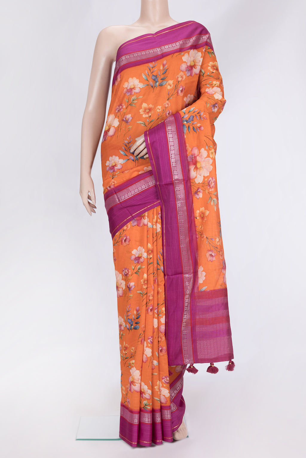 Orange Dual Tone Chanderi Silk Saree with Printed design on the body and Zari And Thread Border.  displayed on a mannequin