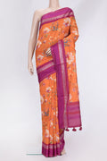 Orange Dual Tone Chanderi Silk Saree with Printed design on the body and Zari And Thread Border.  displayed on a mannequin