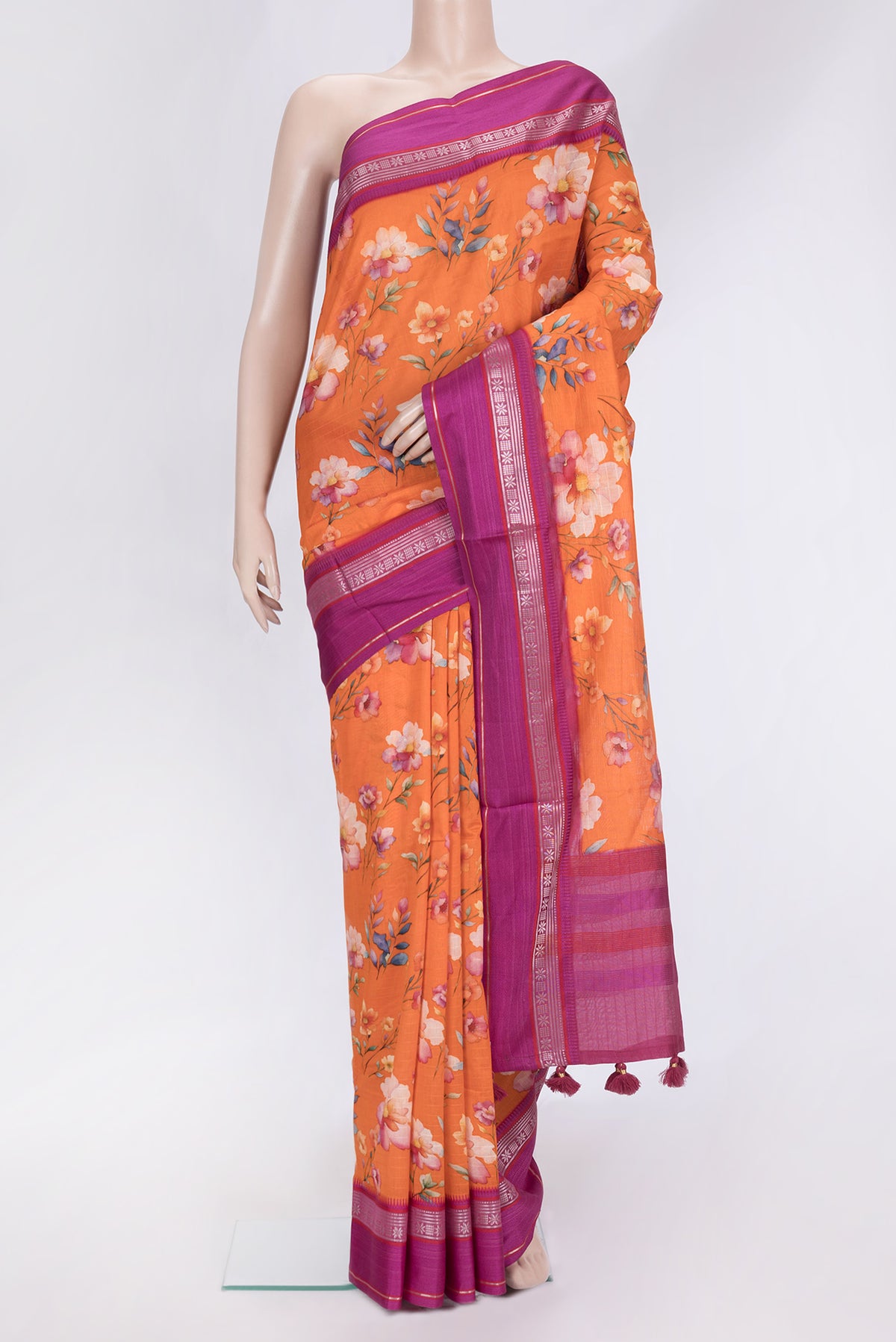 Orange Dual Tone Chanderi Silk Saree with Printed design on the body and Zari And Thread Border.  displayed on a mannequin