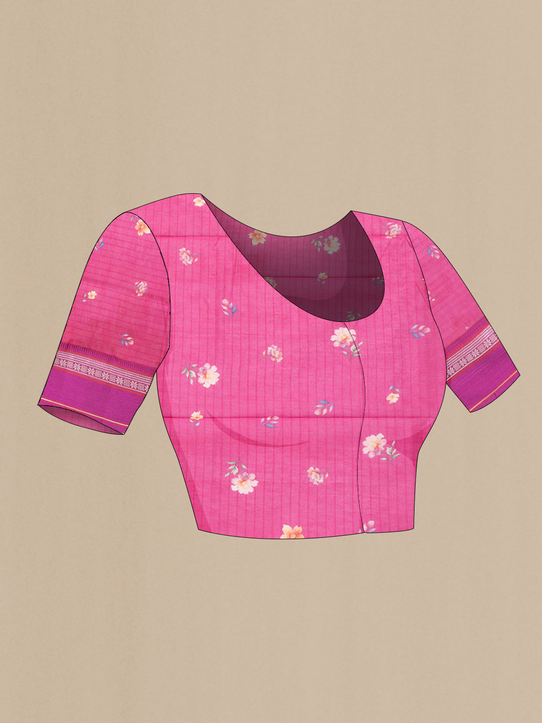Close up image of the blouse of Pink Dual Tone Chanderi Silk Saree with Printed design on the body and Zari And Thread Border. 