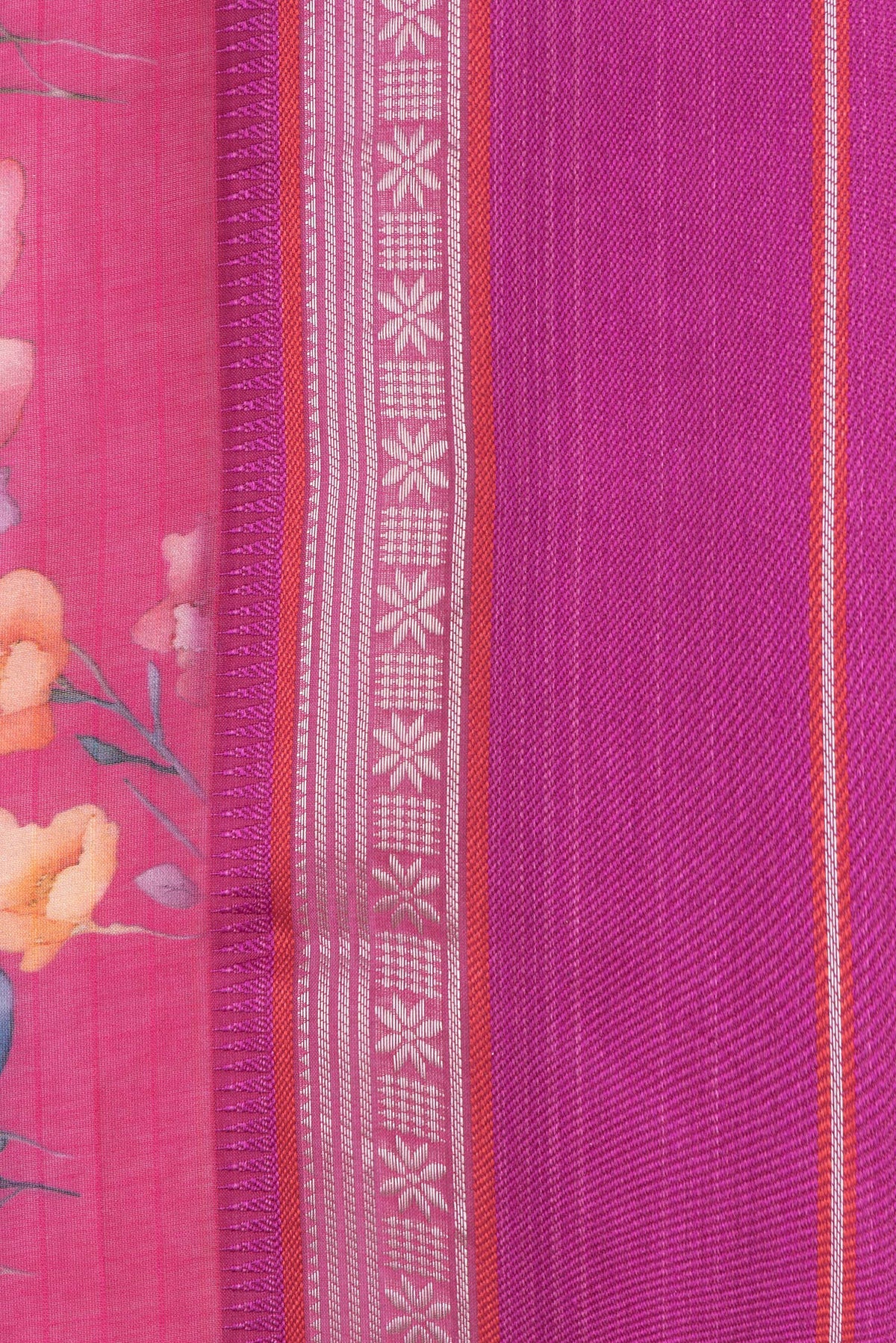 Border image of Pink Dual Tone Chanderi Silk Saree with Printed design on the body and Zari And Thread Border. 