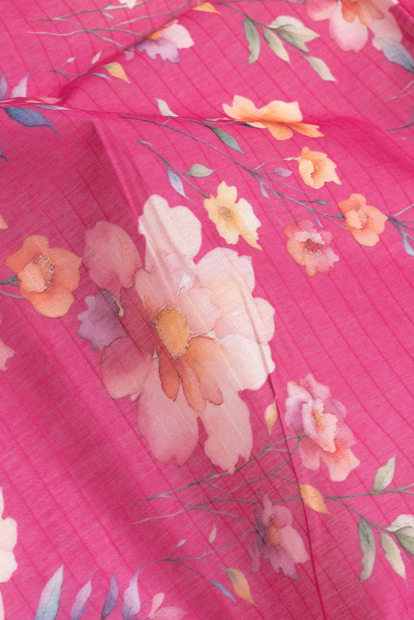 Close up of Pink Dual Tone Chanderi Silk Saree with Printed design on the body and Zari And Thread Border.  displaying folds