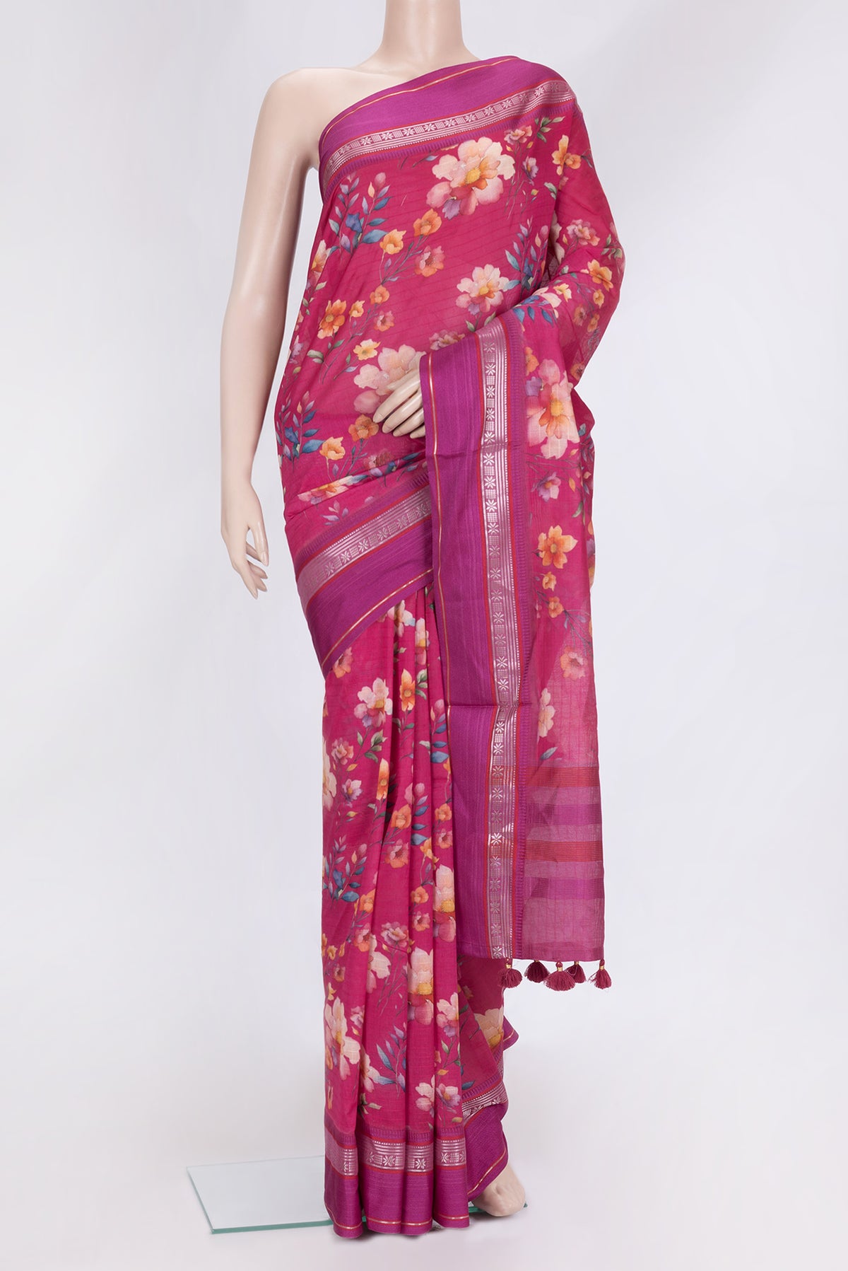 Pink Dual Tone Chanderi Silk Saree with Printed design on the body and Zari And Thread Border.  displayed on a mannequin