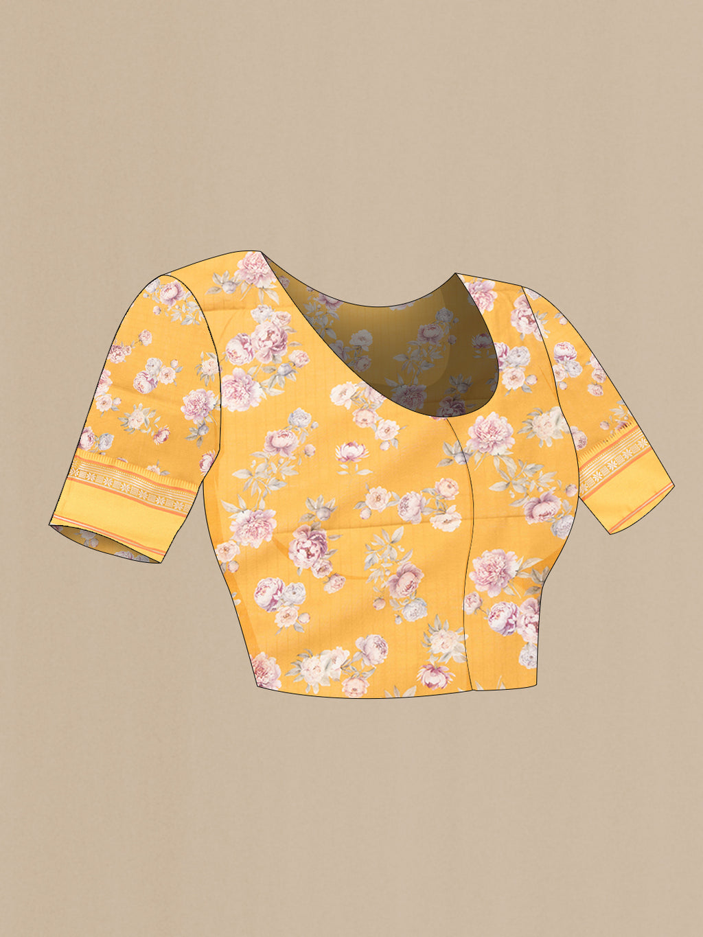 Close up image of the blouse of Mustard Dual Tone Chanderi Silk Saree with Printed design on the body and Zari And Thread Border. 