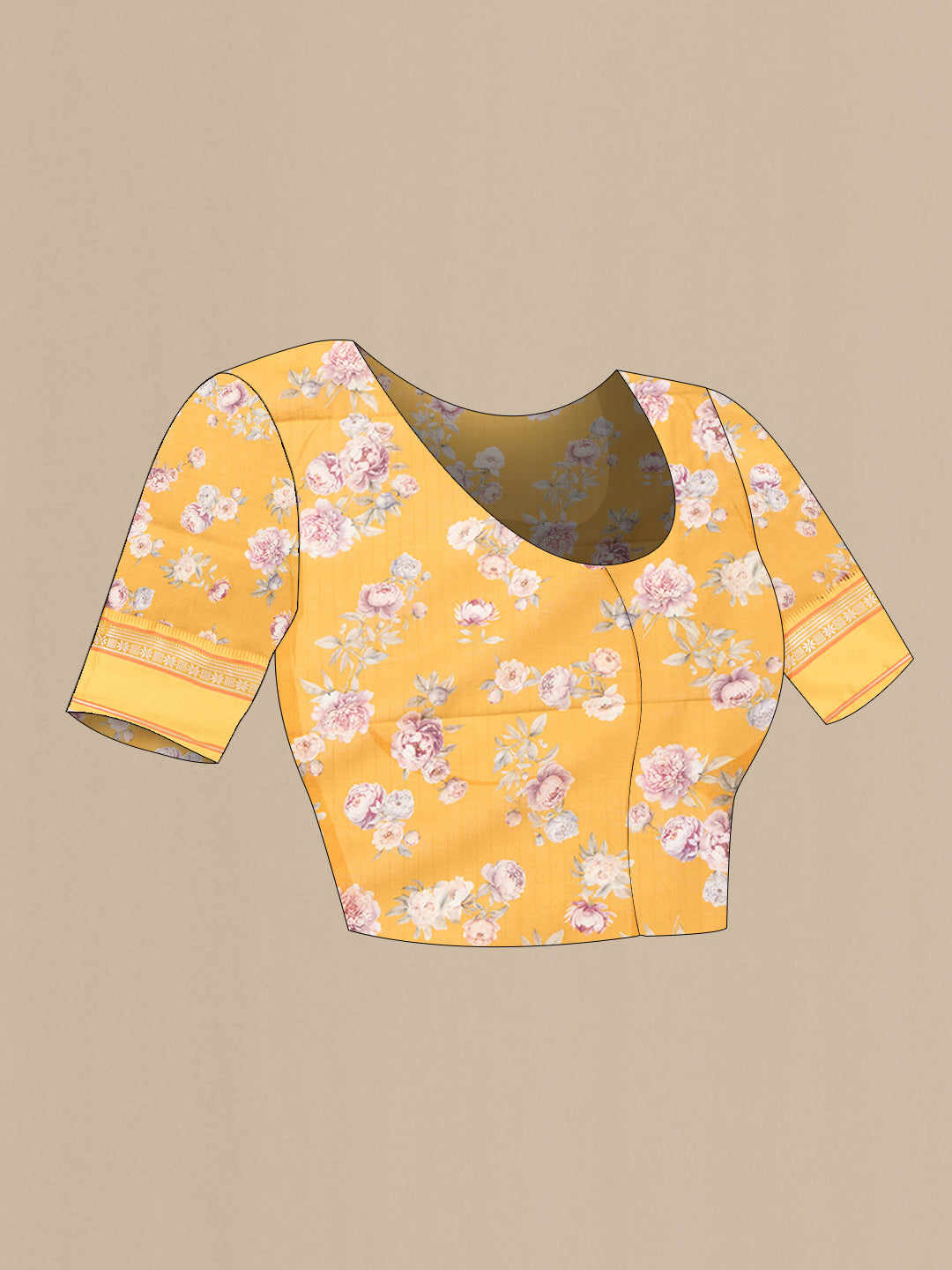 Close up image of the blouse of Mustard Dual Tone Chanderi Silk Saree with Printed design on the body and Zari And Thread Border. 