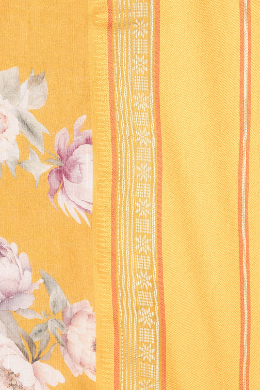 Border image of Mustard Dual Tone Chanderi Silk Saree with Printed design on the body and Zari And Thread Border. 