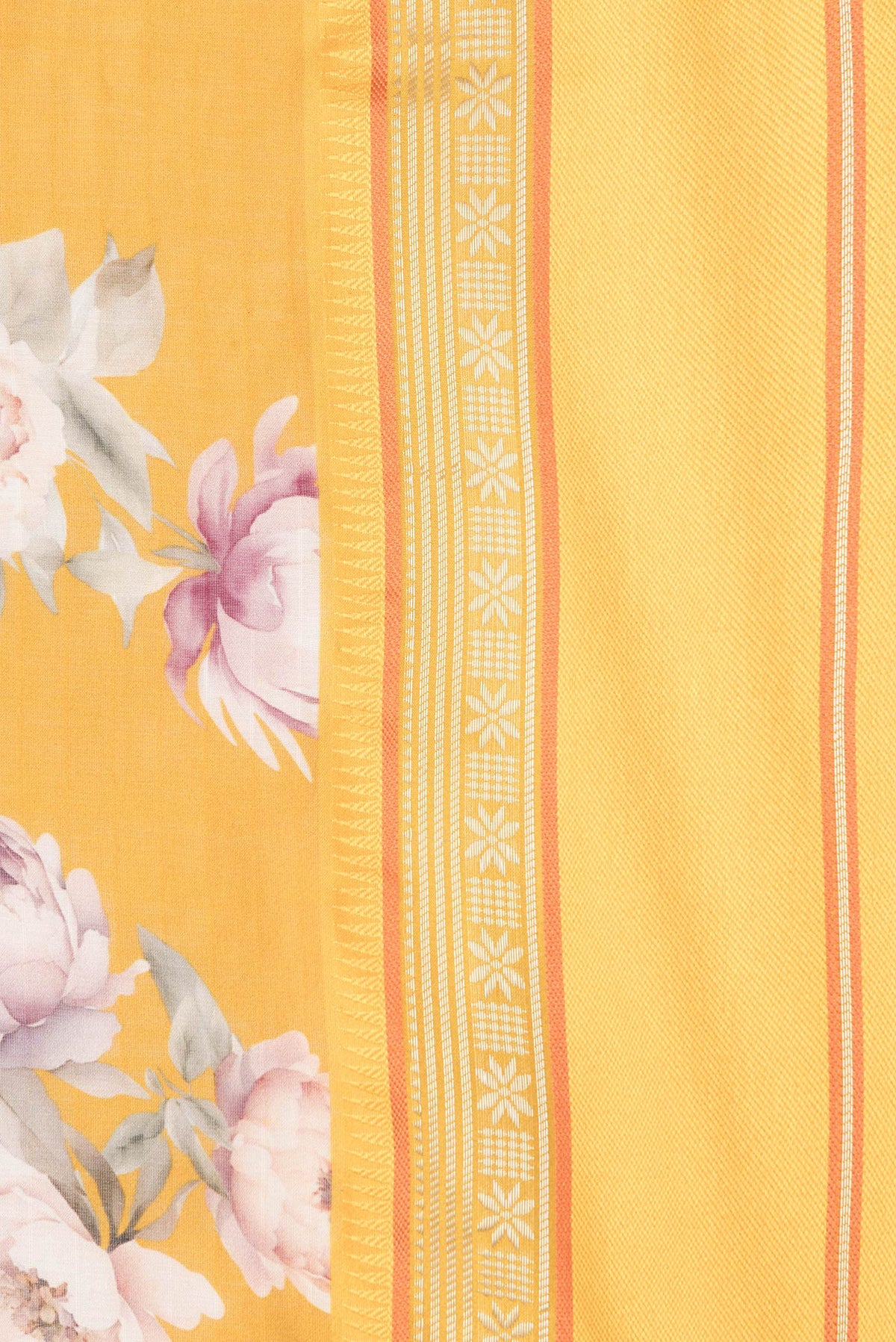 Border image of Mustard Dual Tone Chanderi Silk Saree with Printed design on the body and Zari And Thread Border. 