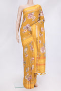 Mustard Dual Tone Chanderi Silk Saree with Printed design on the body and Zari And Thread Border.  displayed on a mannequin