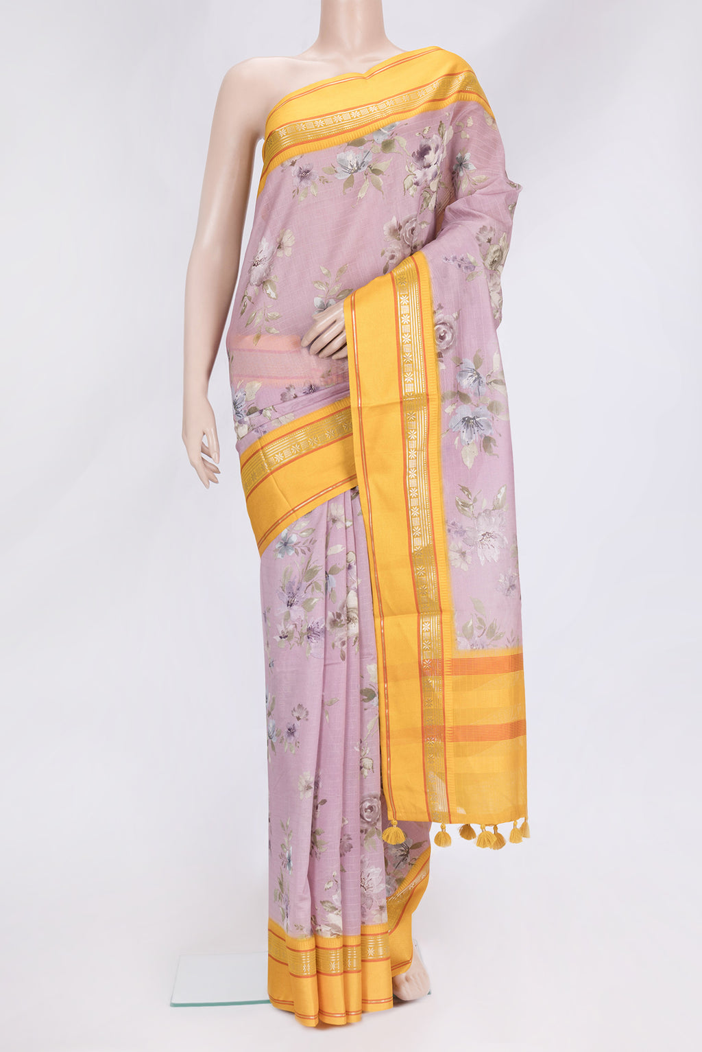 Rose Gold Dual Tone Chanderi Silk Saree with Printed design on the body and Zari And Thread Border.  displayed on a mannequin