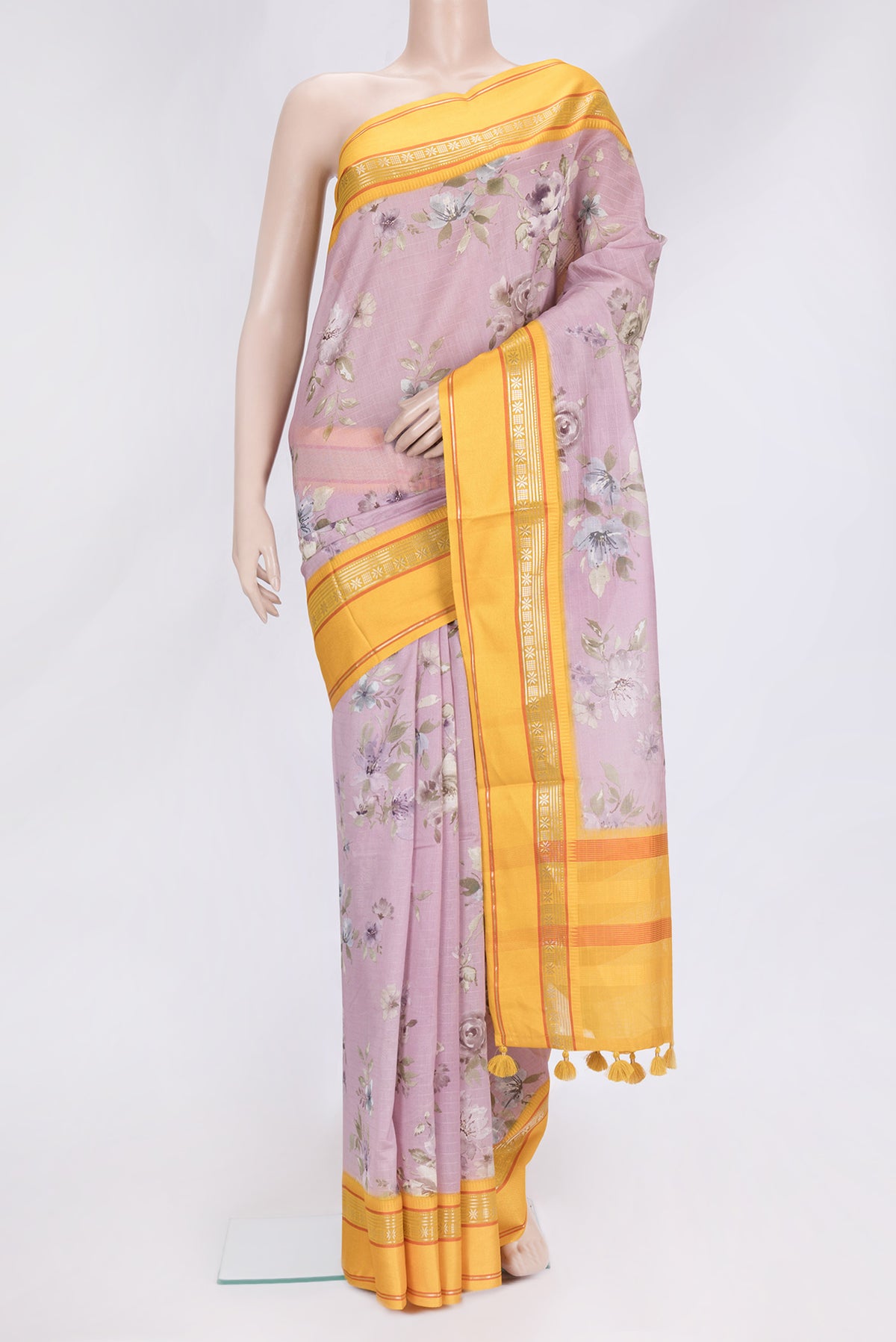 Rose Gold Dual Tone Chanderi Silk Saree with Printed design on the body and Zari And Thread Border.  displayed on a mannequin