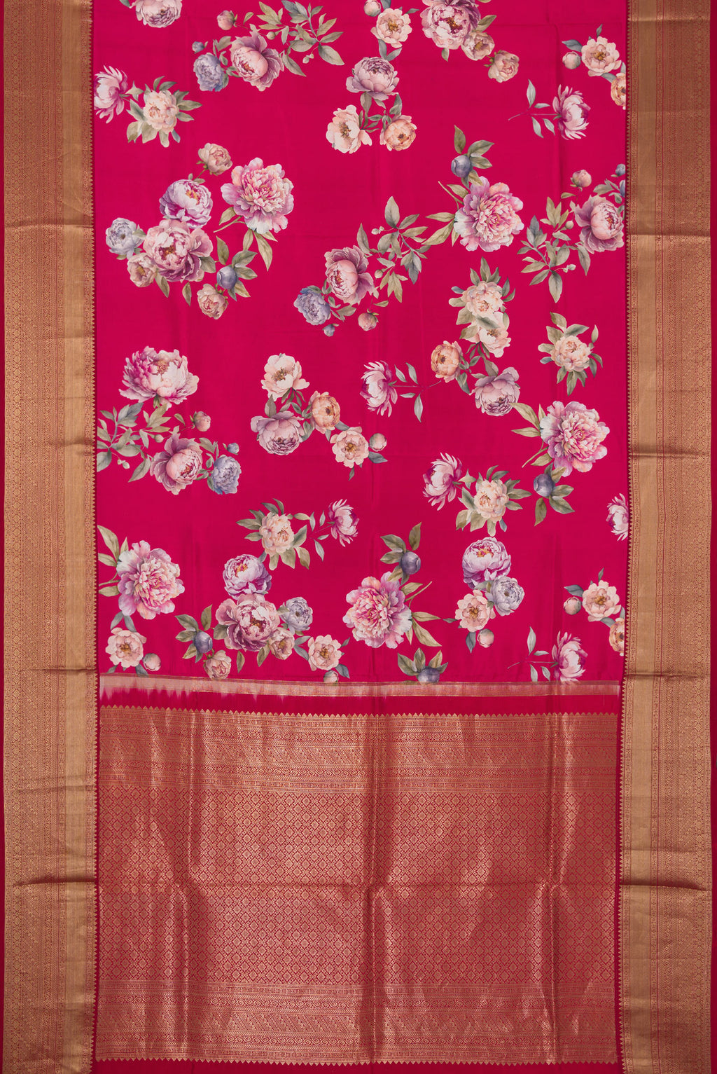 Flat view of Dark Mauve Dual Tone Kanchipuram Silk Saree with Printed design on the body and Zari Border. 