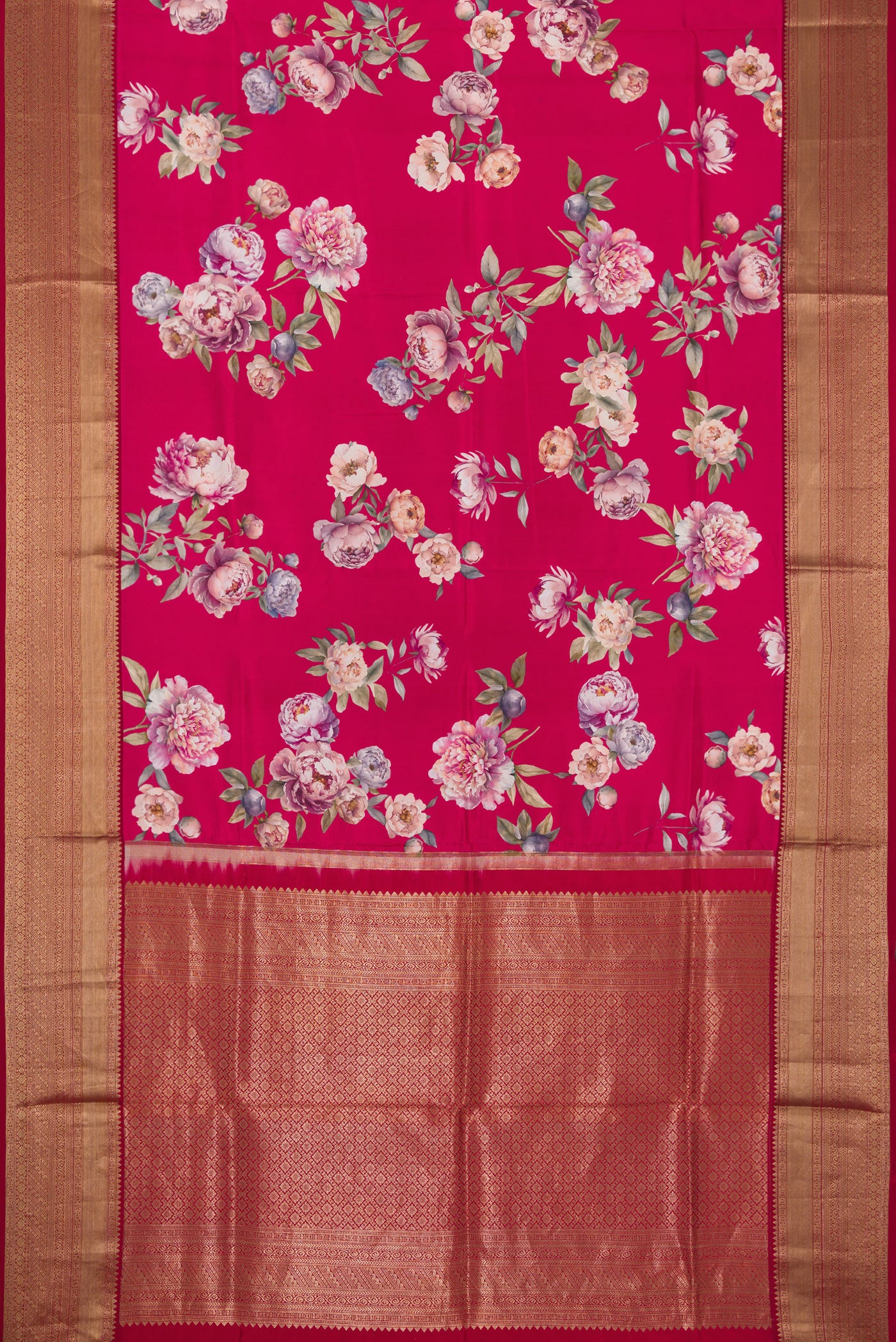 Flat view of Dark Mauve Dual Tone Kanchipuram Silk Saree with Printed design on the body and Zari Border. 