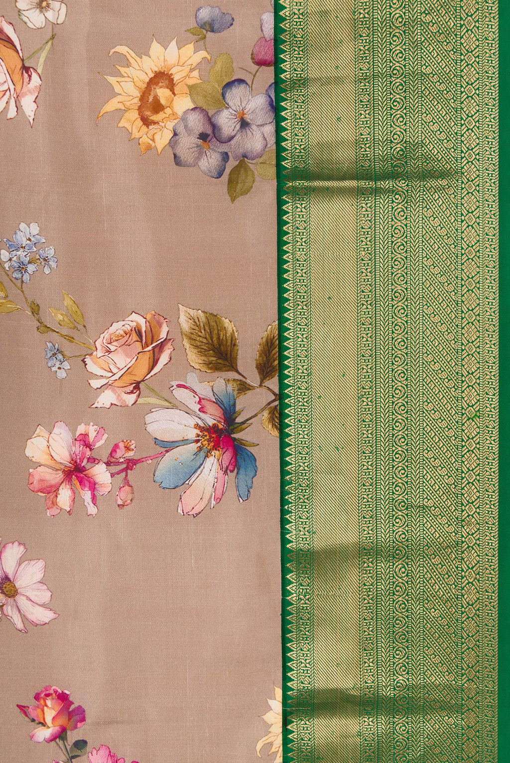 Border image of Brown Dual Tone Kanchipuram Silk Saree with Printed design on the body and Zari Border. 