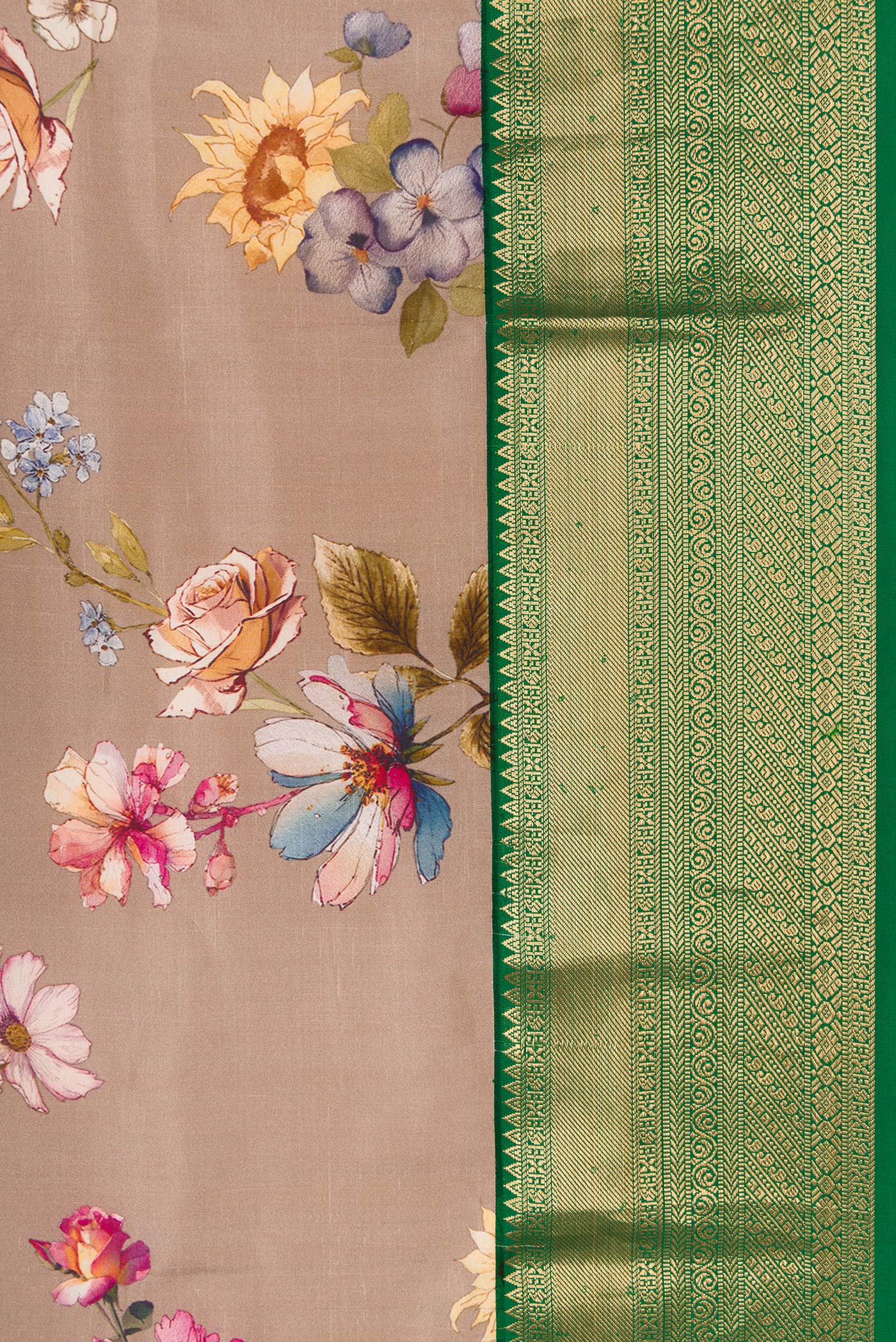 Border image of Brown Dual Tone Kanchipuram Silk Saree with Printed design on the body and Zari Border. 