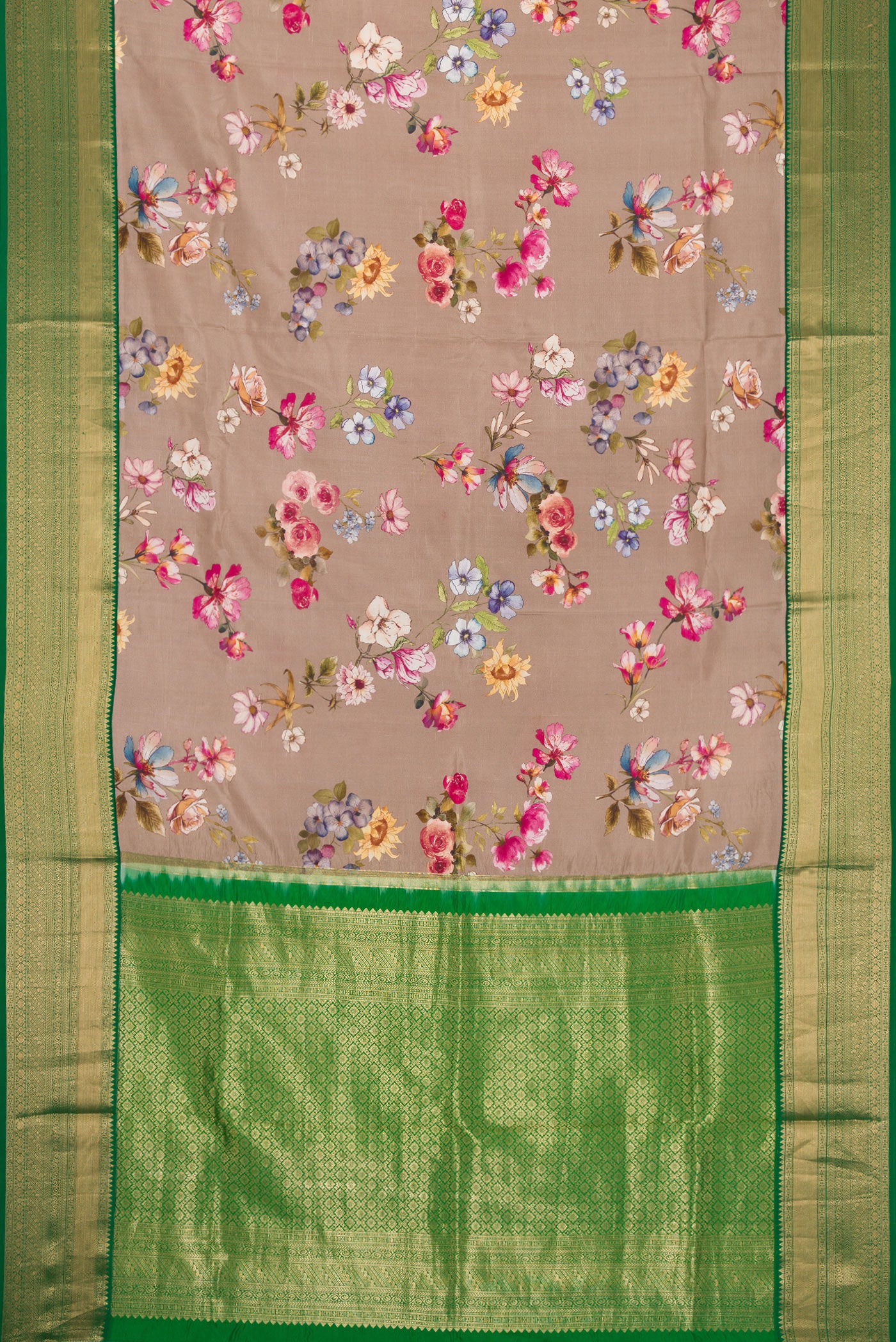 Flat view of Brown Dual Tone Kanchipuram Silk Saree with Printed design on the body and Zari Border. 
