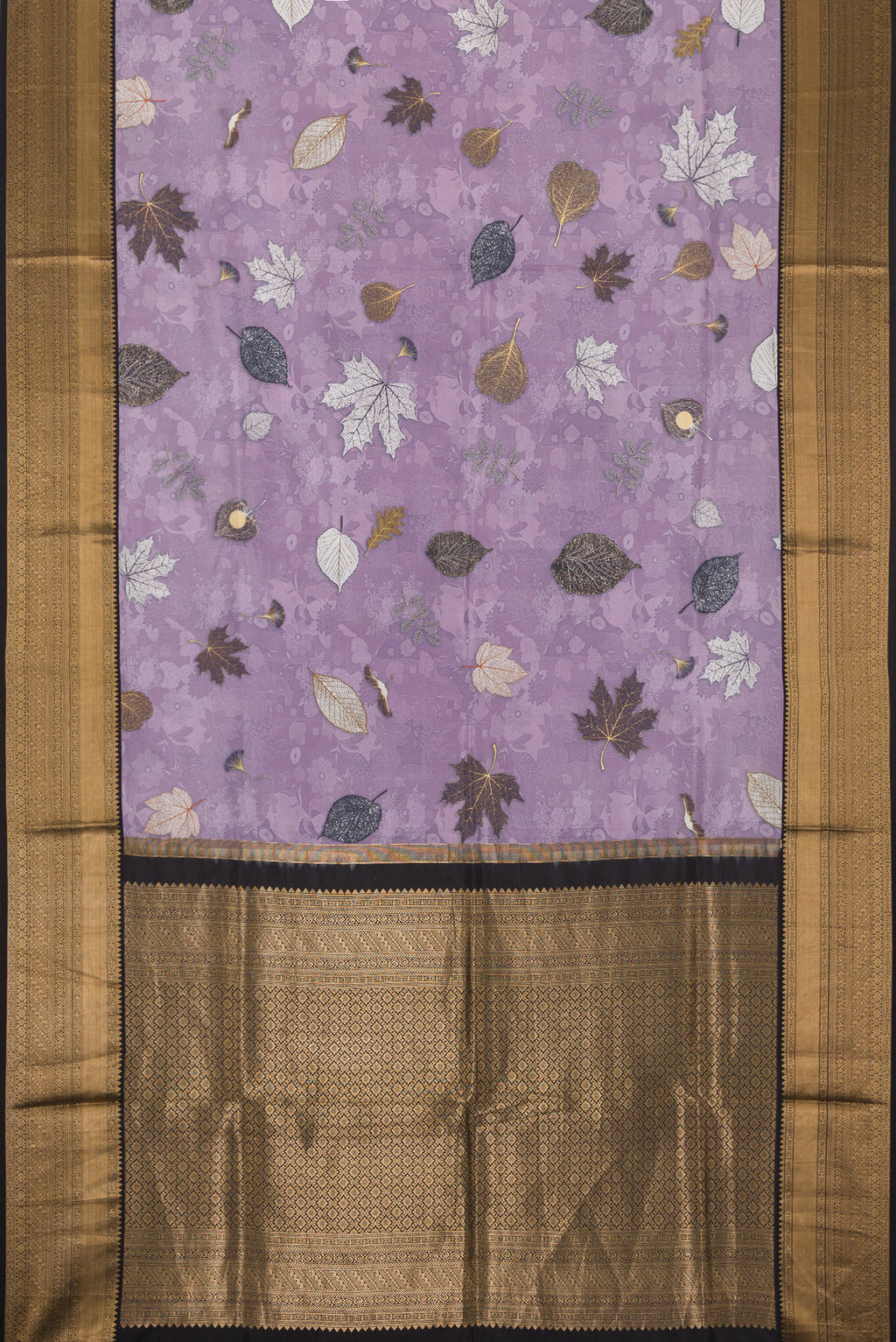 Flat view of Lavender Dual Tone Kanchipuram Silk Saree with Printed design on the body and Zari Border. 