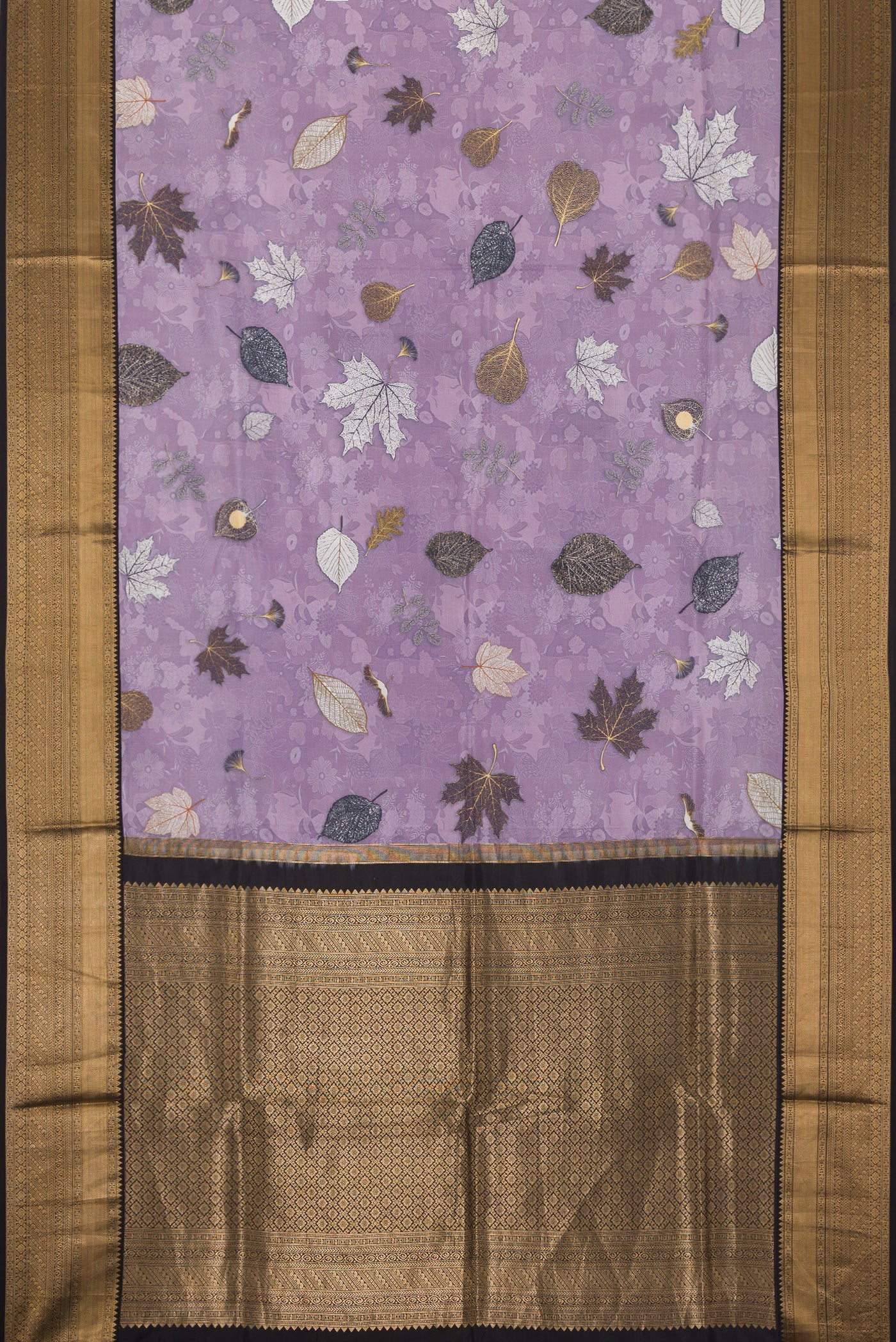 Flat view of Lavender Dual Tone Kanchipuram Silk Saree with Printed design on the body and Zari Border. 