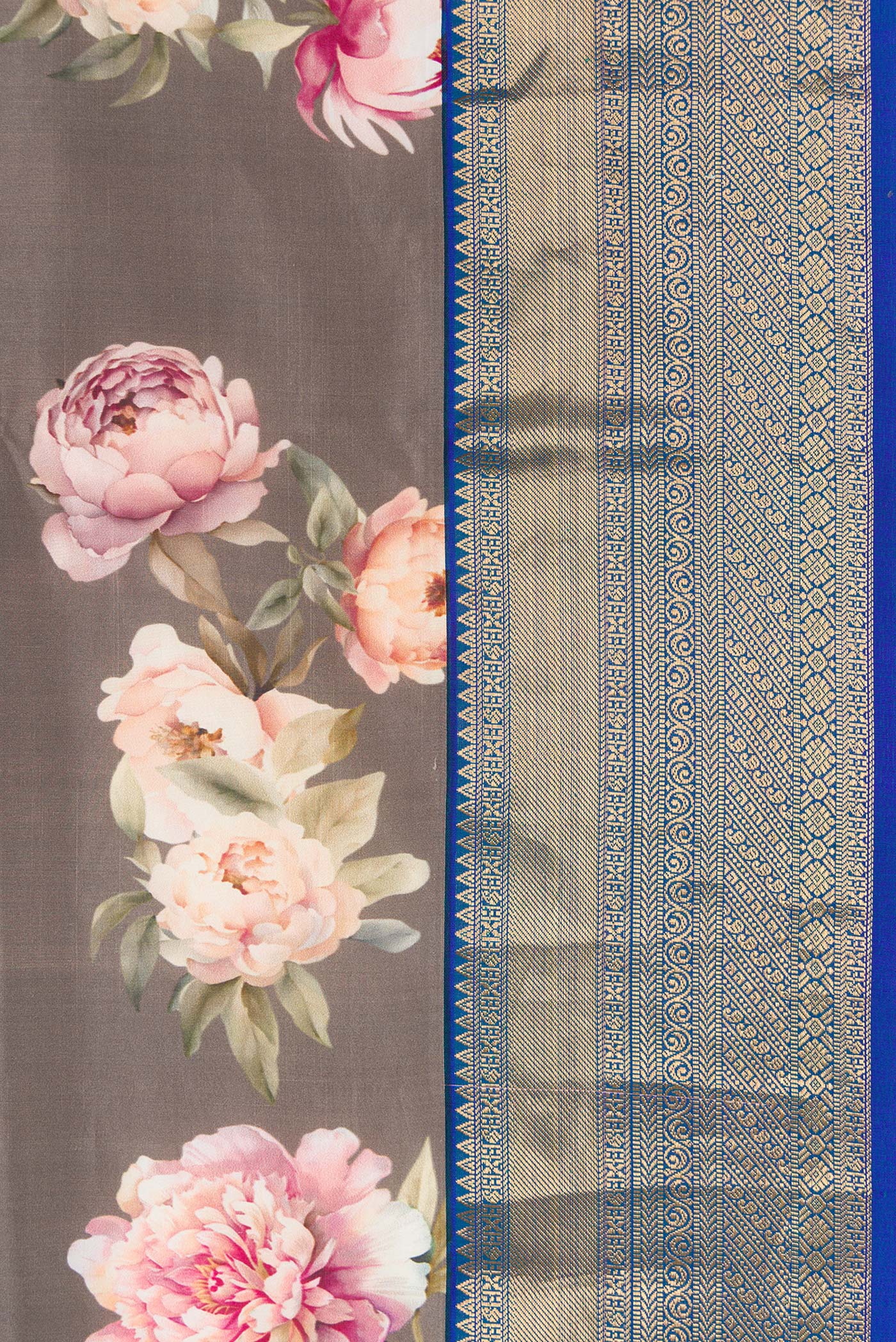 Border image of Grey Dual Tone Kanchipuram Silk Saree with Printed design on the body and Zari Border. 