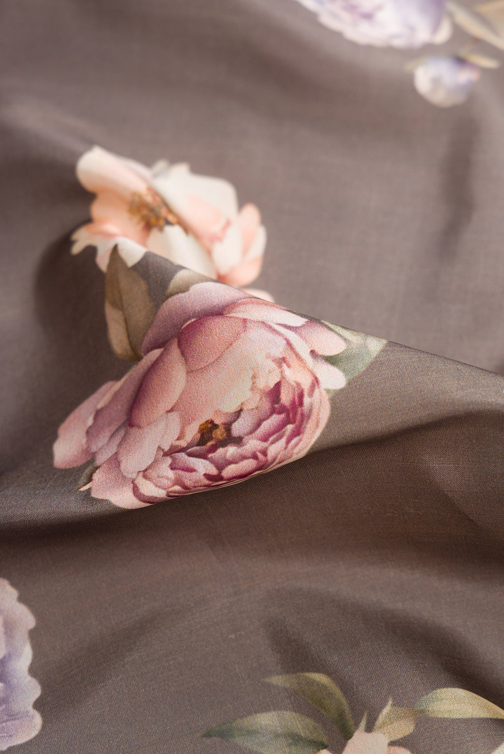 Close up of Grey Dual Tone Kanchipuram Silk Saree with Printed design on the body and Zari Border.  displaying folds