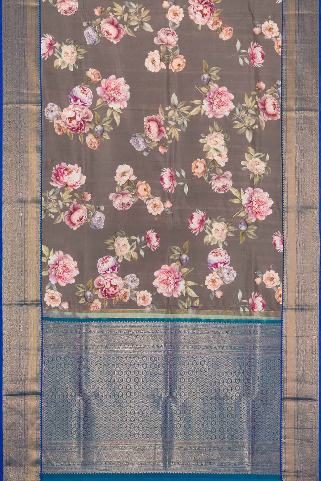 Flat view of Grey Dual Tone Kanchipuram Silk Saree with Printed design on the body and Zari Border. 