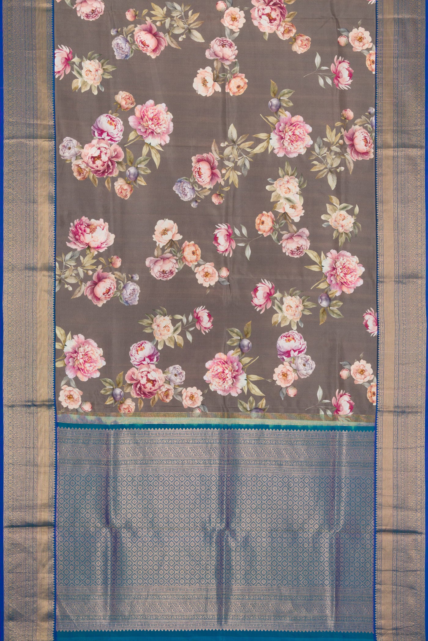 Flat view of Grey Dual Tone Kanchipuram Silk Saree with Printed design on the body and Zari Border. 