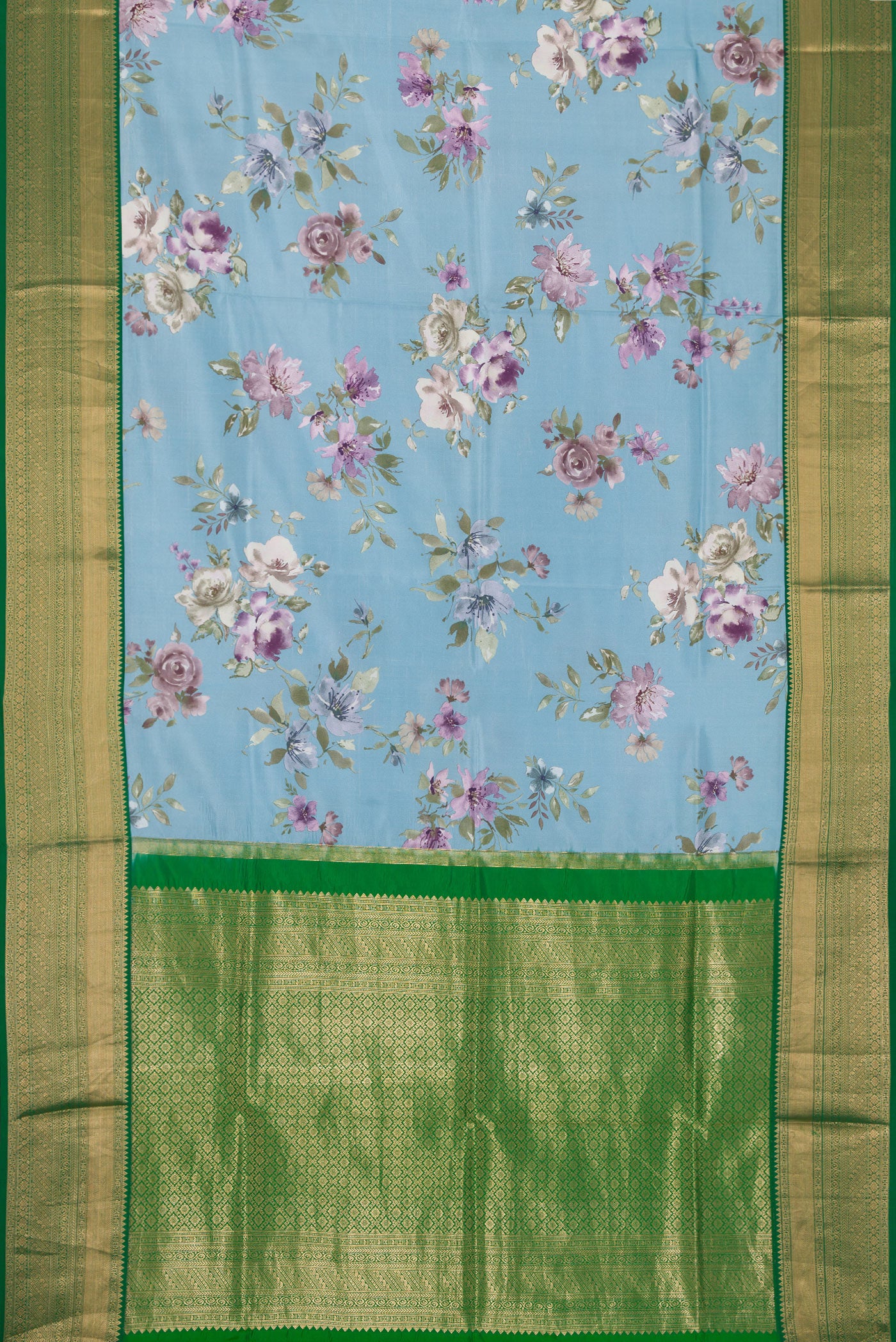 Flat view of Sky Blue Dual Tone Kanchipuram Silk Saree with Printed design on the body and Zari Border. 