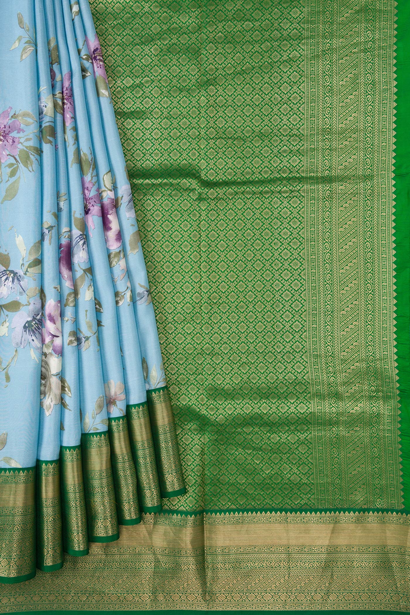 Pleats and pallu of Sky Blue Dual Tone Kanchipuram Silk Saree with Printed design on the body and Zari Border. 