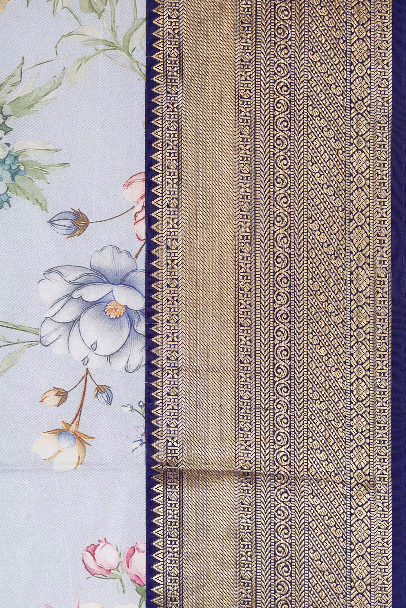 Border image of Light Blue Dual Tone Kanchipuram Silk Saree with Printed design on the body and Zari Border. 