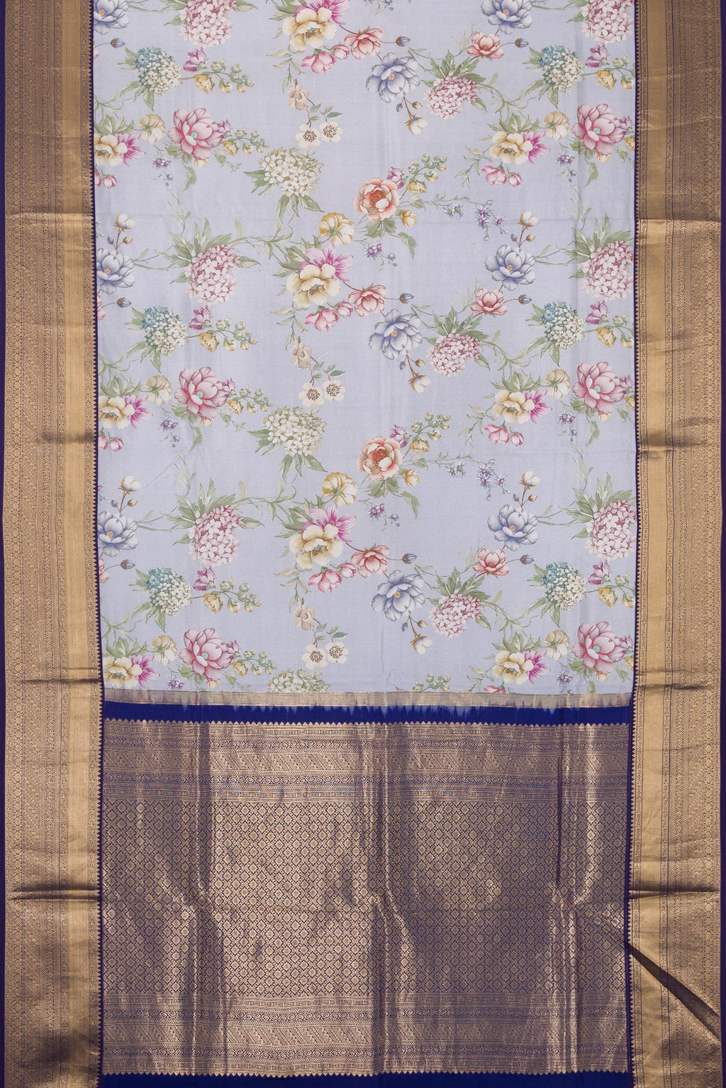 Flat view of Light Blue Dual Tone Kanchipuram Silk Saree with Printed design on the body and Zari Border. 