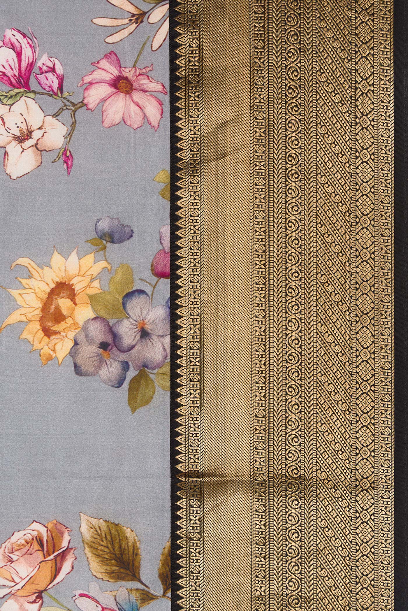Border image of Grey Dual Tone Kanchipuram Silk Saree with Printed design on the body and Zari Border. 