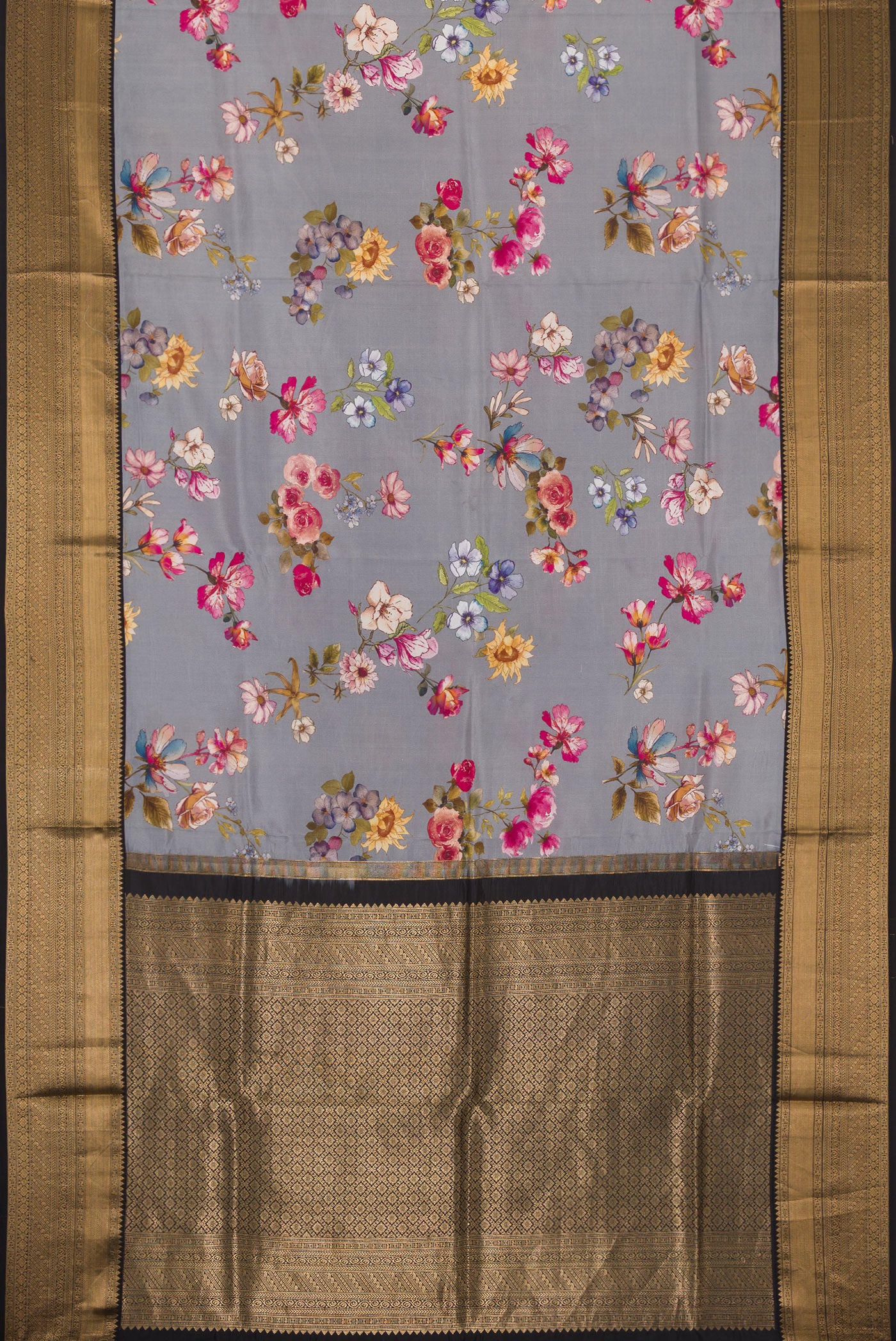 Flat view of Grey Dual Tone Kanchipuram Silk Saree with Printed design on the body and Zari Border. 