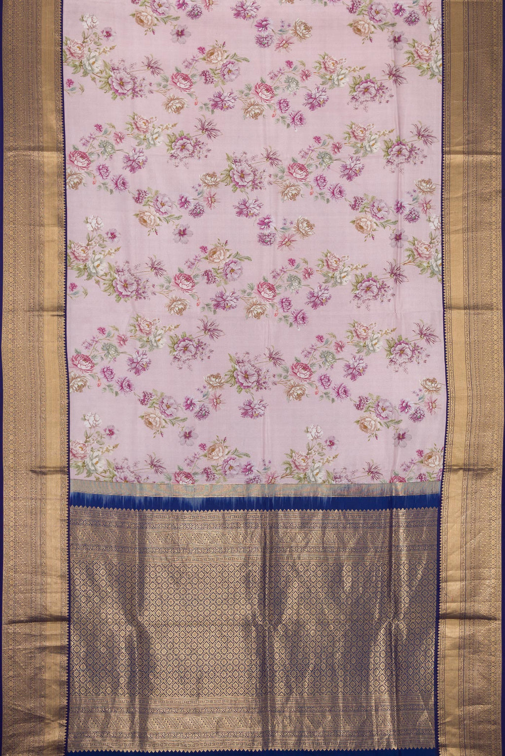 Flat view of Lilac Dual Tone Kanchipuram Silk Saree with Printed design on the body and Zari Border. 