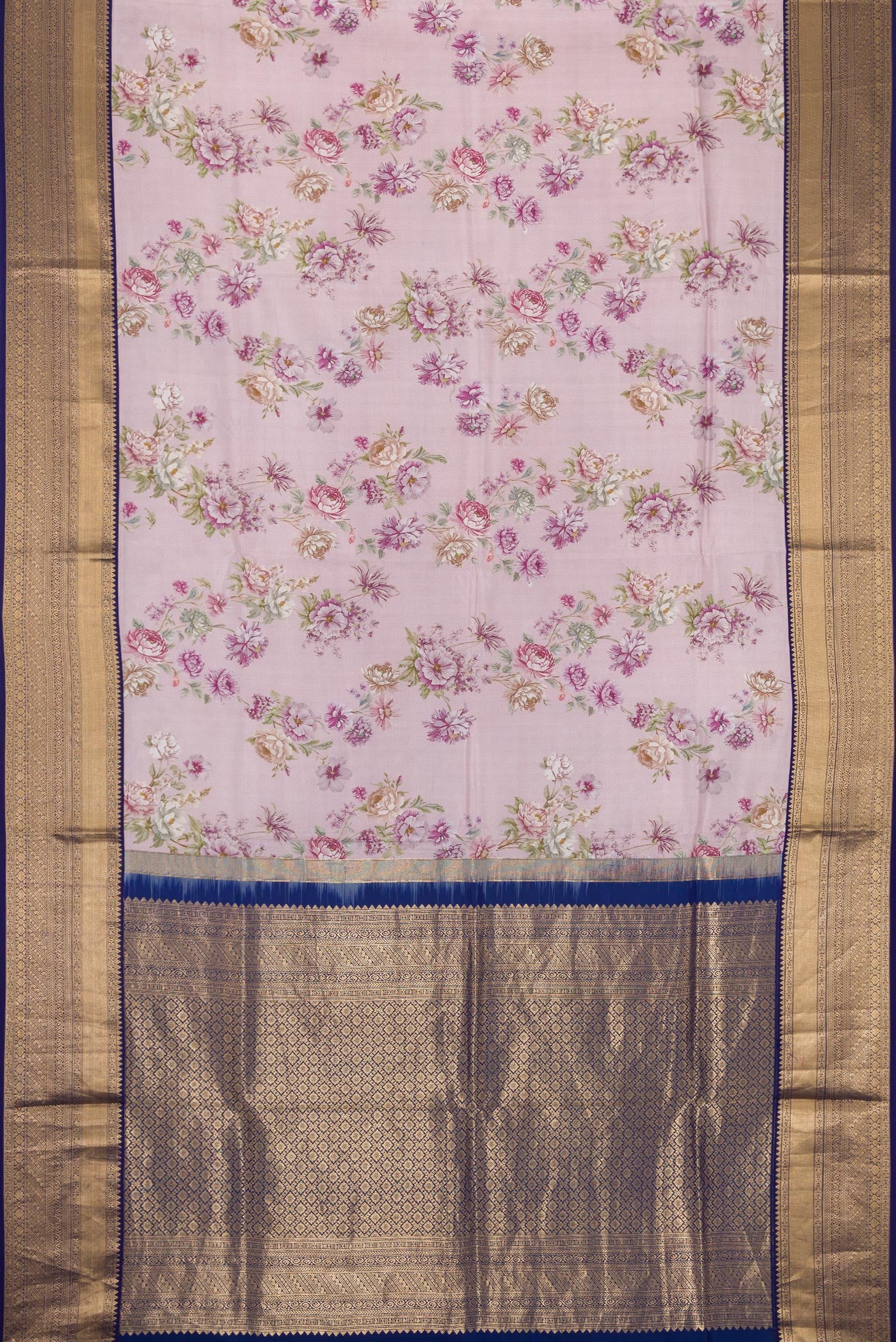 Flat view of Lilac Dual Tone Kanchipuram Silk Saree with Printed design on the body and Zari Border. 