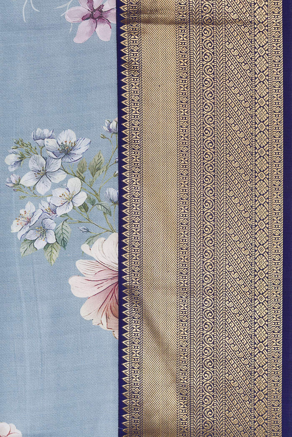 Border image of Grey Dual Tone Kanchipuram Silk Saree with Printed design on the body and Zari Border. 