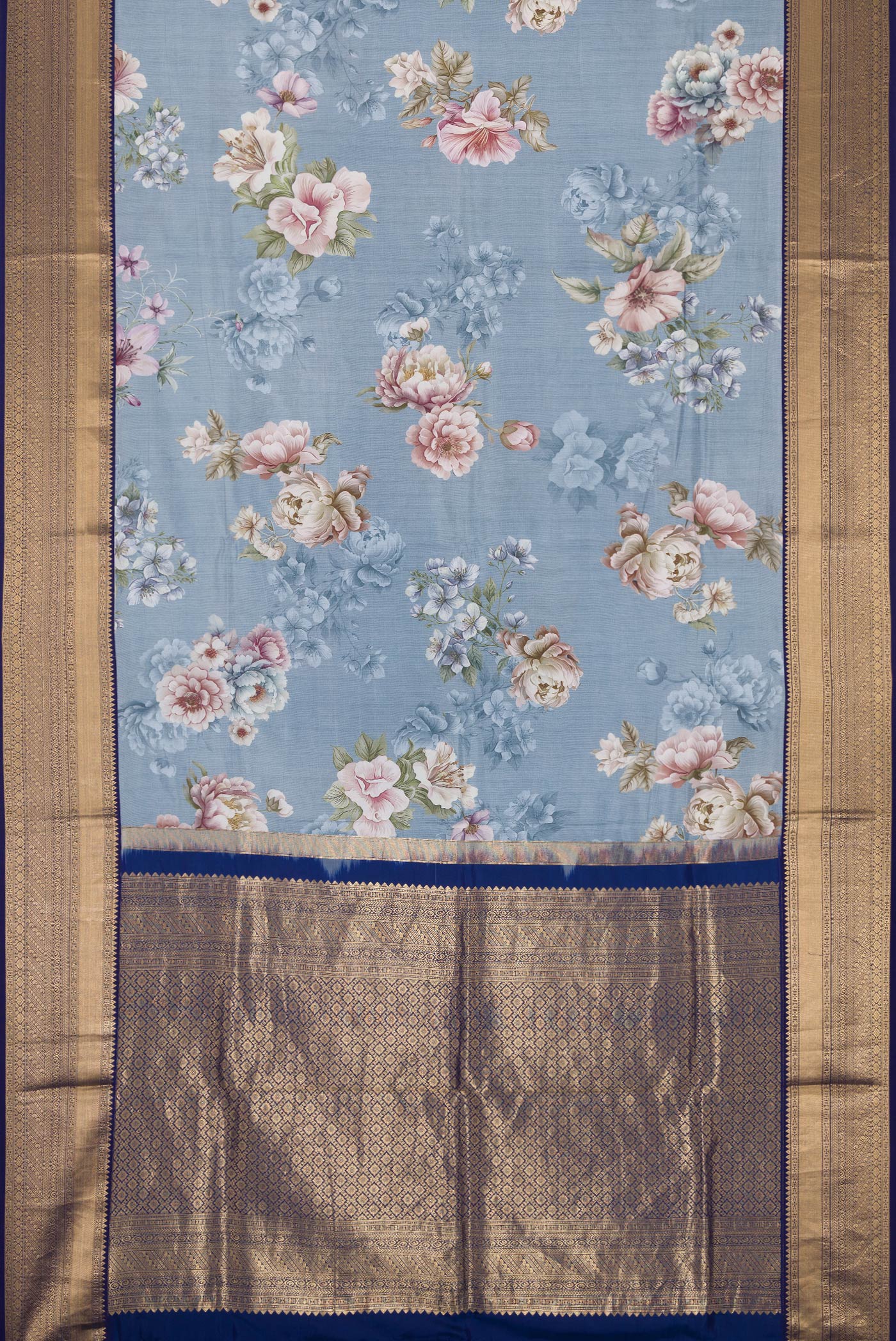 Flat view of Grey Dual Tone Kanchipuram Silk Saree with Printed design on the body and Zari Border. 